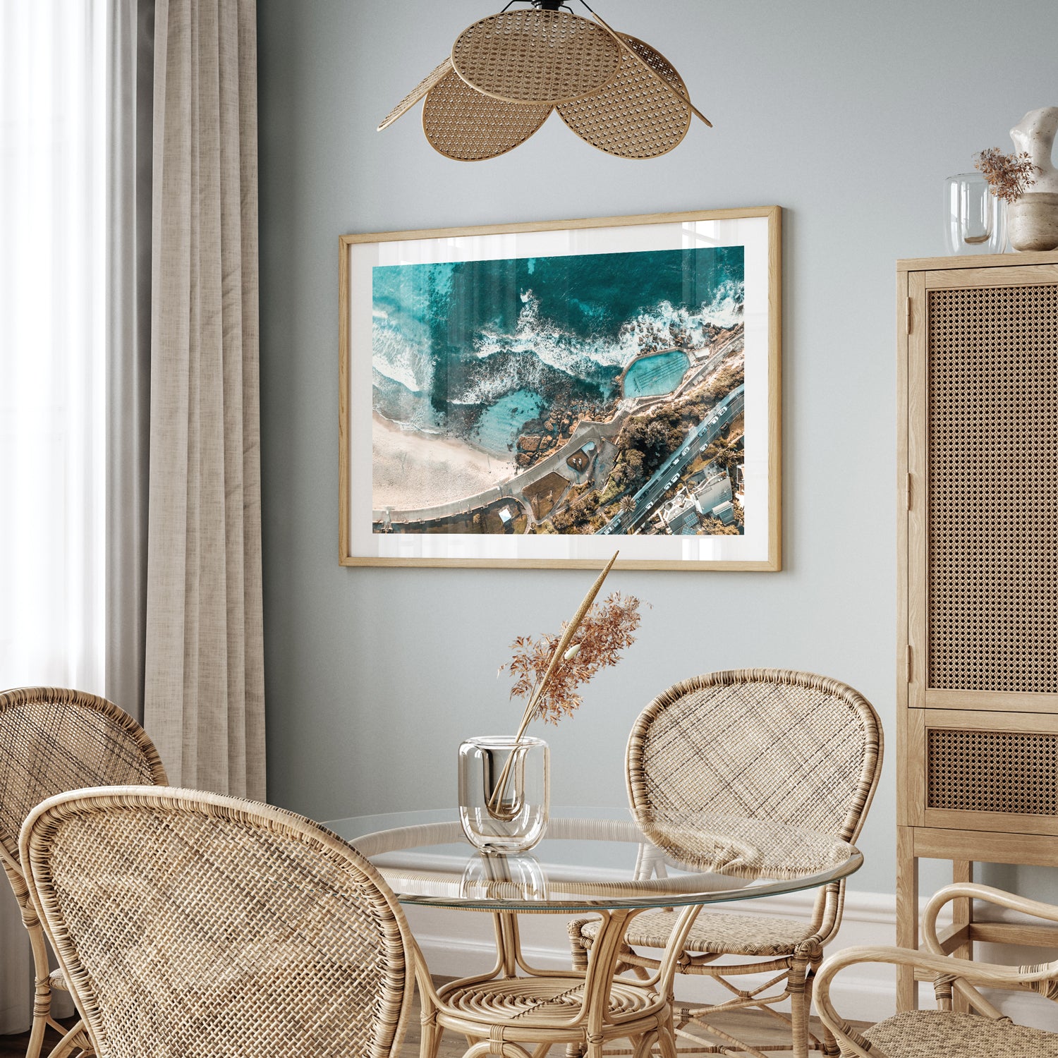 Bronte Beach scenic coastal landscape in oak frame - Australian beachscape wall art