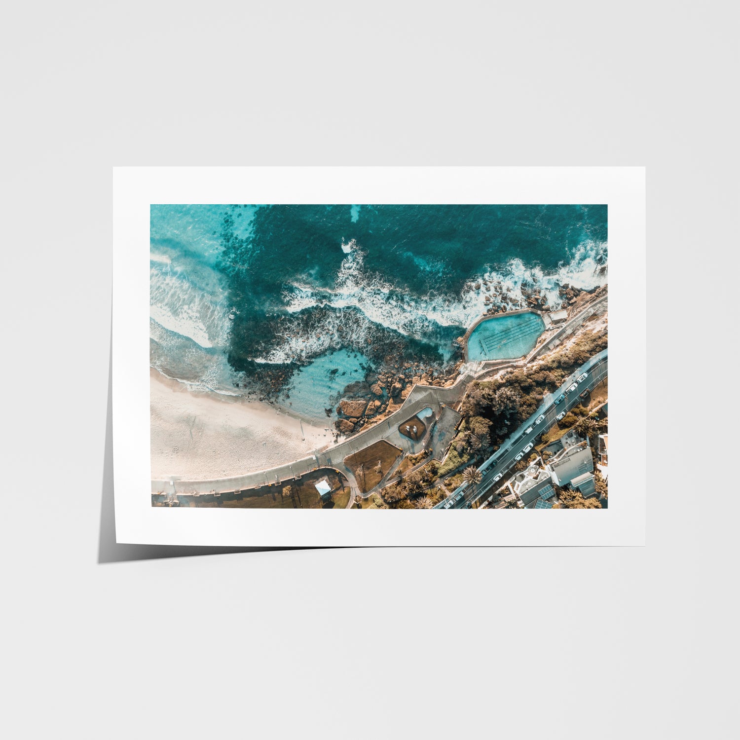 Bronte Beach aerial seascape in white frame - coastal landscape photography wall art