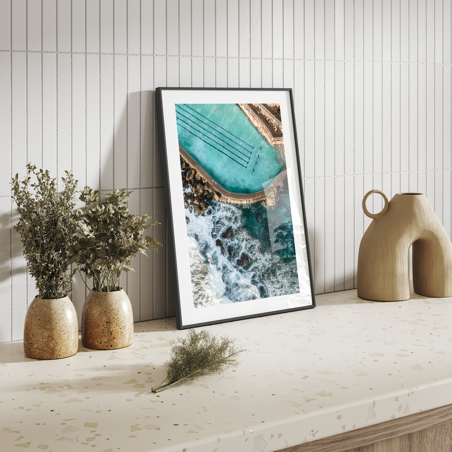 Bronte early morning swimmers aerial photograph in black frame - coastal wall art