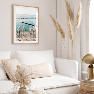 Bronte Beach coastal landscape in oak frame - Sydney beach wall art