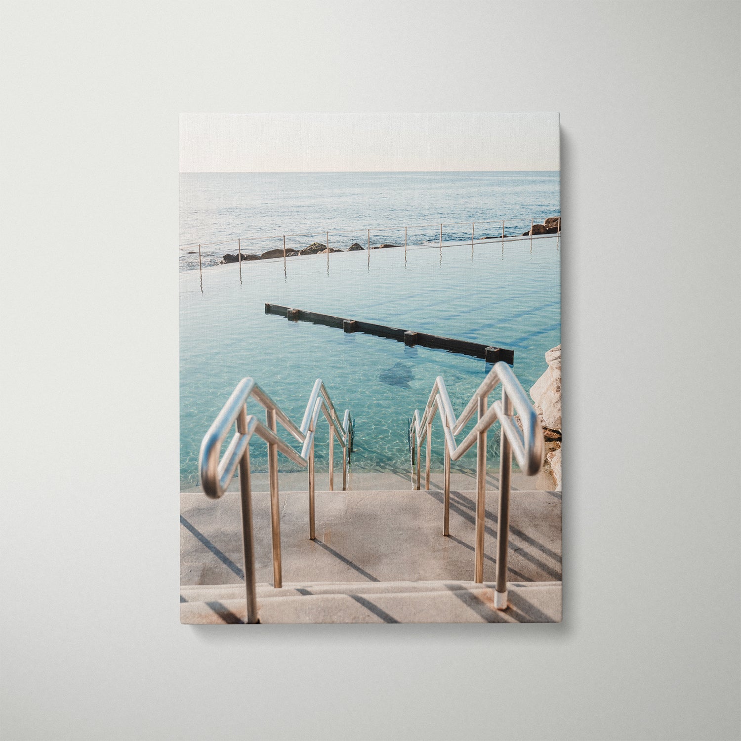 Bronte Beach swimmers aerial view in white frame - coastal photography wall art