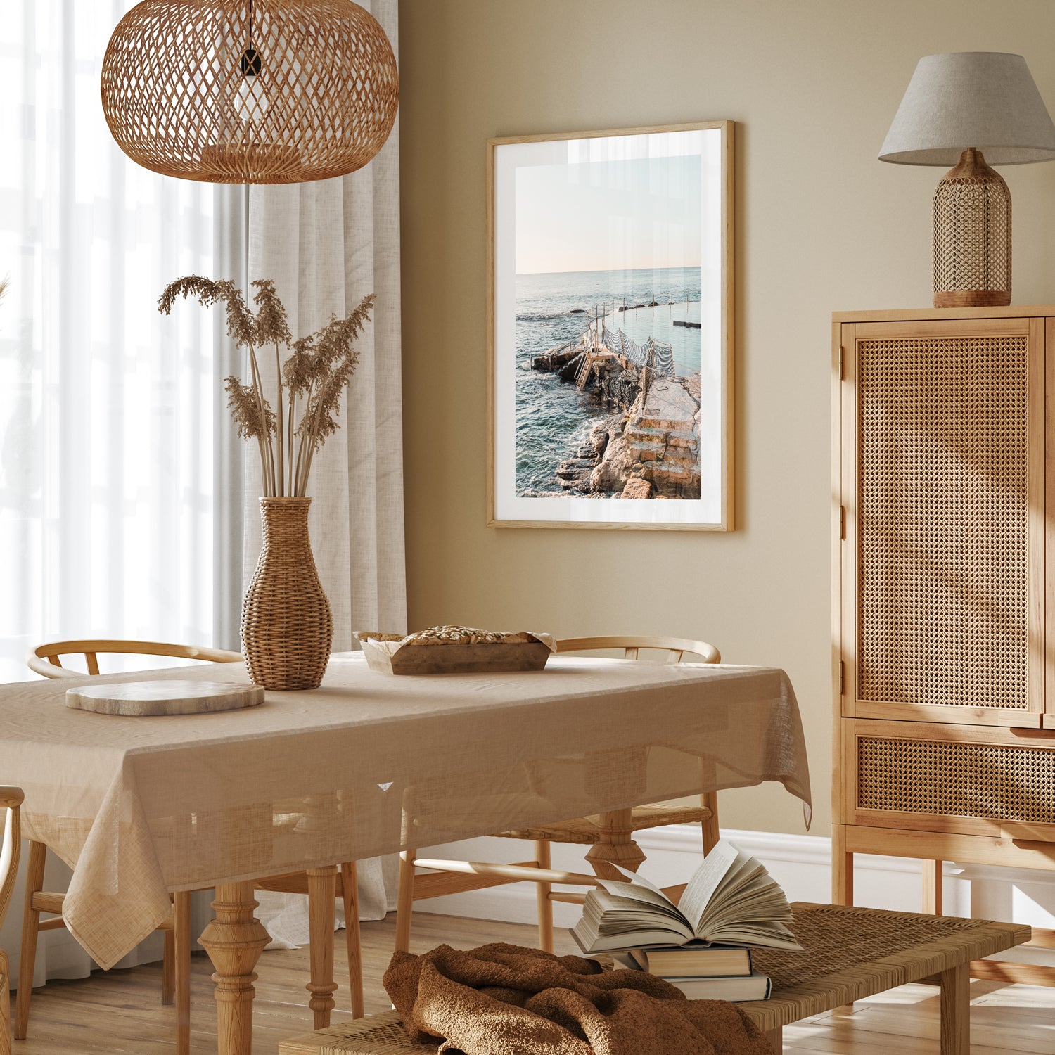 Bronte Beach soft glowing seascape in oak frame - coastal sunset wall art