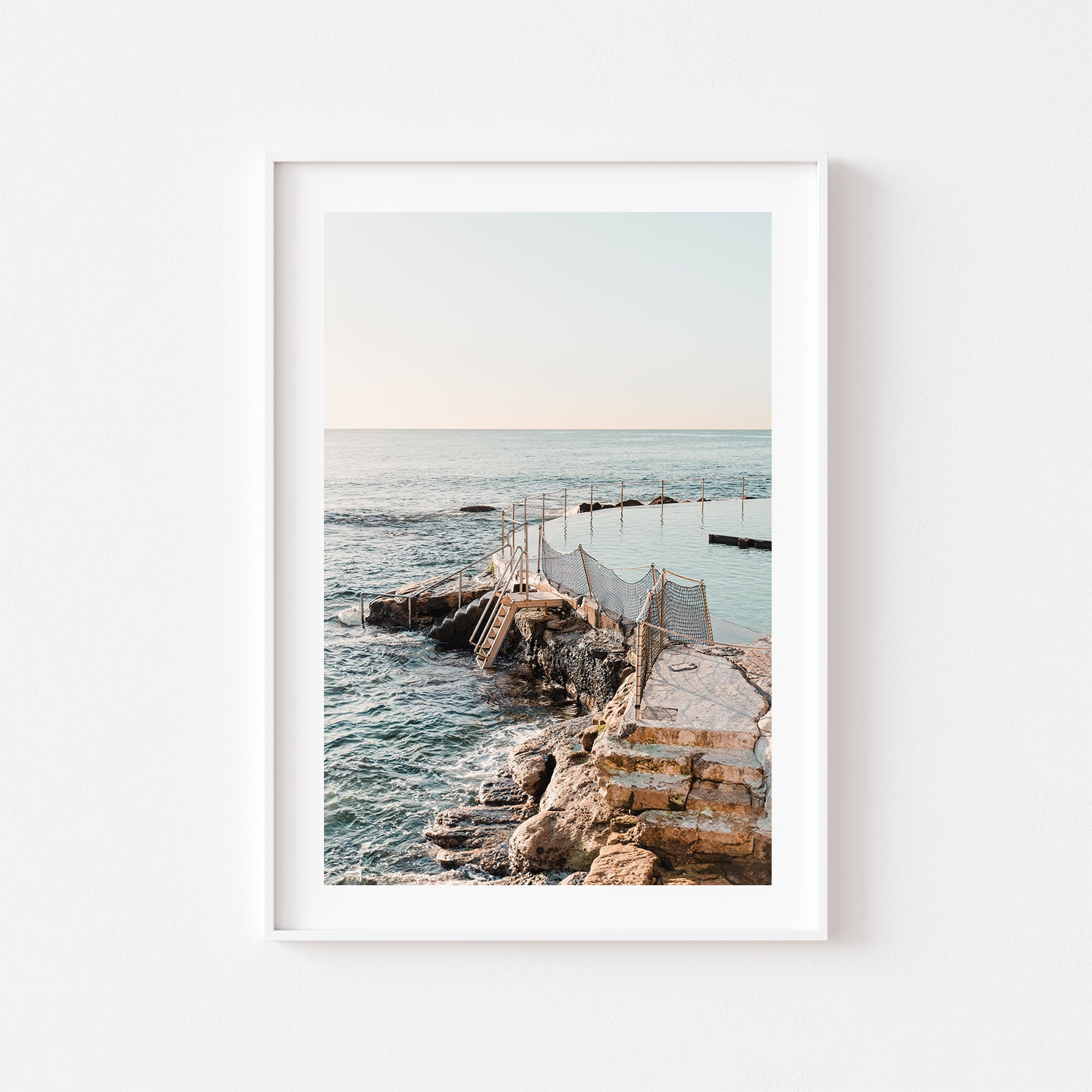 Bronte Beach soft morning glow in white frame - coastal landscape wall art for modern