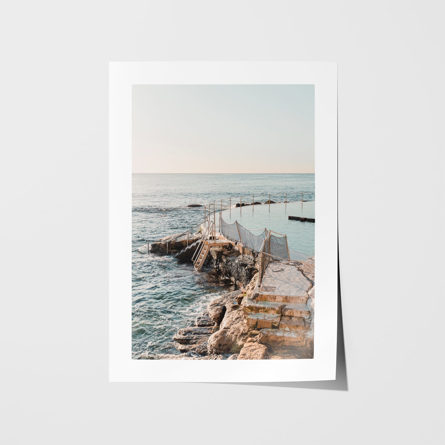 Bronte Beach soft glow coastal landscape in white frame - Sydney beach wall art