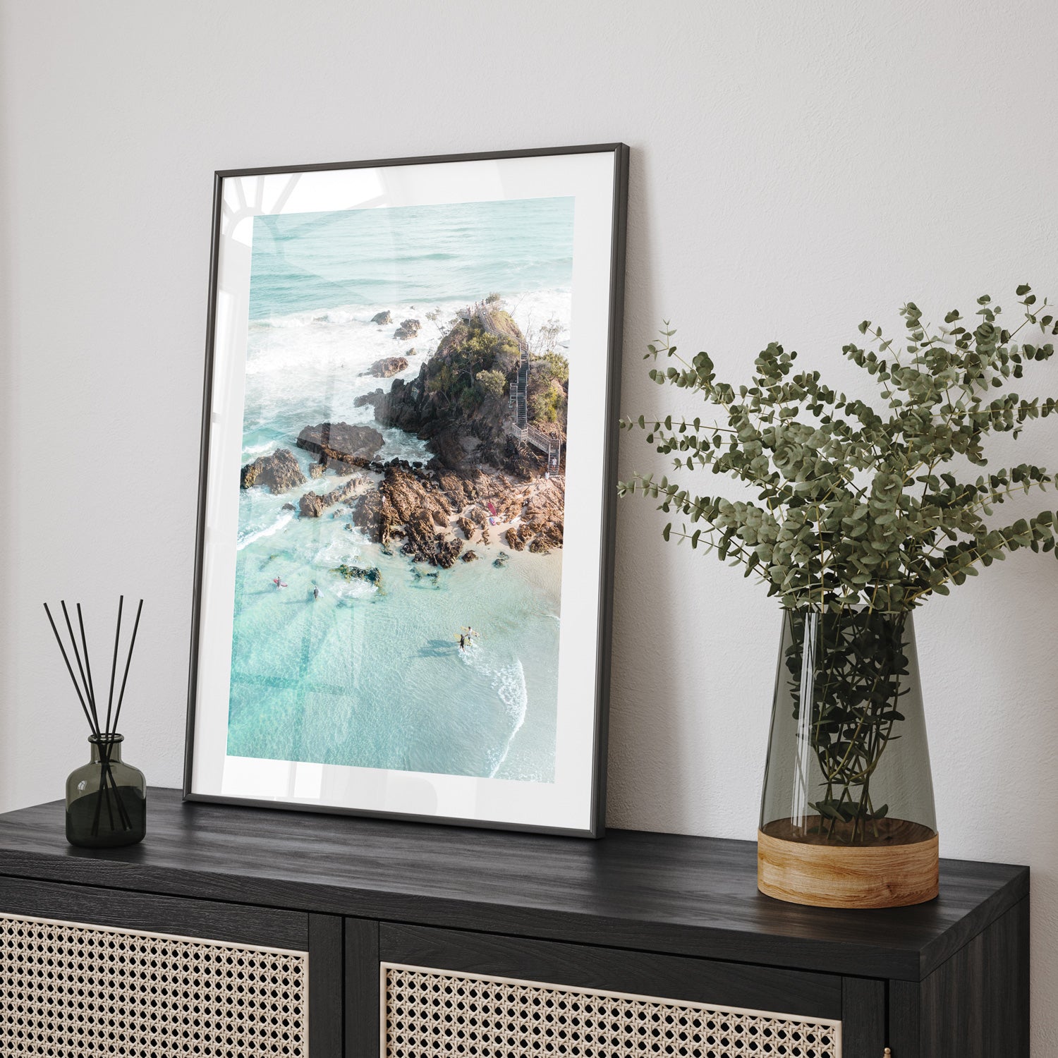 Byron Bay scenic coastal landscape in black frame - Australian beach wall art
