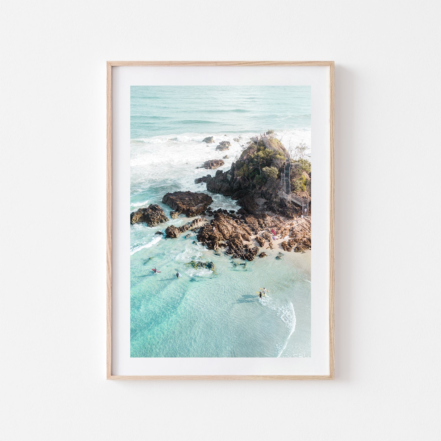 Byron Bay coastal scene in oak frame - beach landscape wall art for modern homes