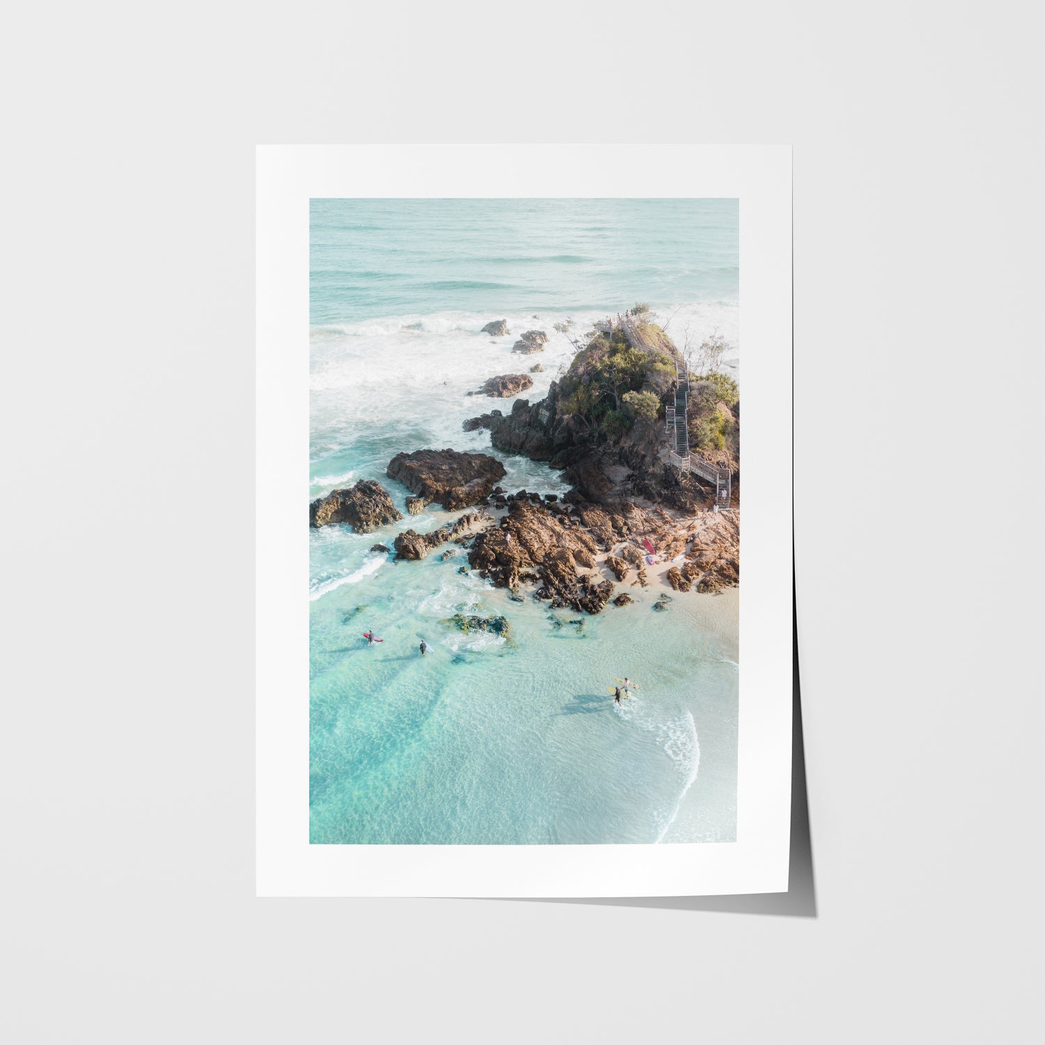 Byron Bay beach lifestyle in white frame - coastal photography wall art for modern homes