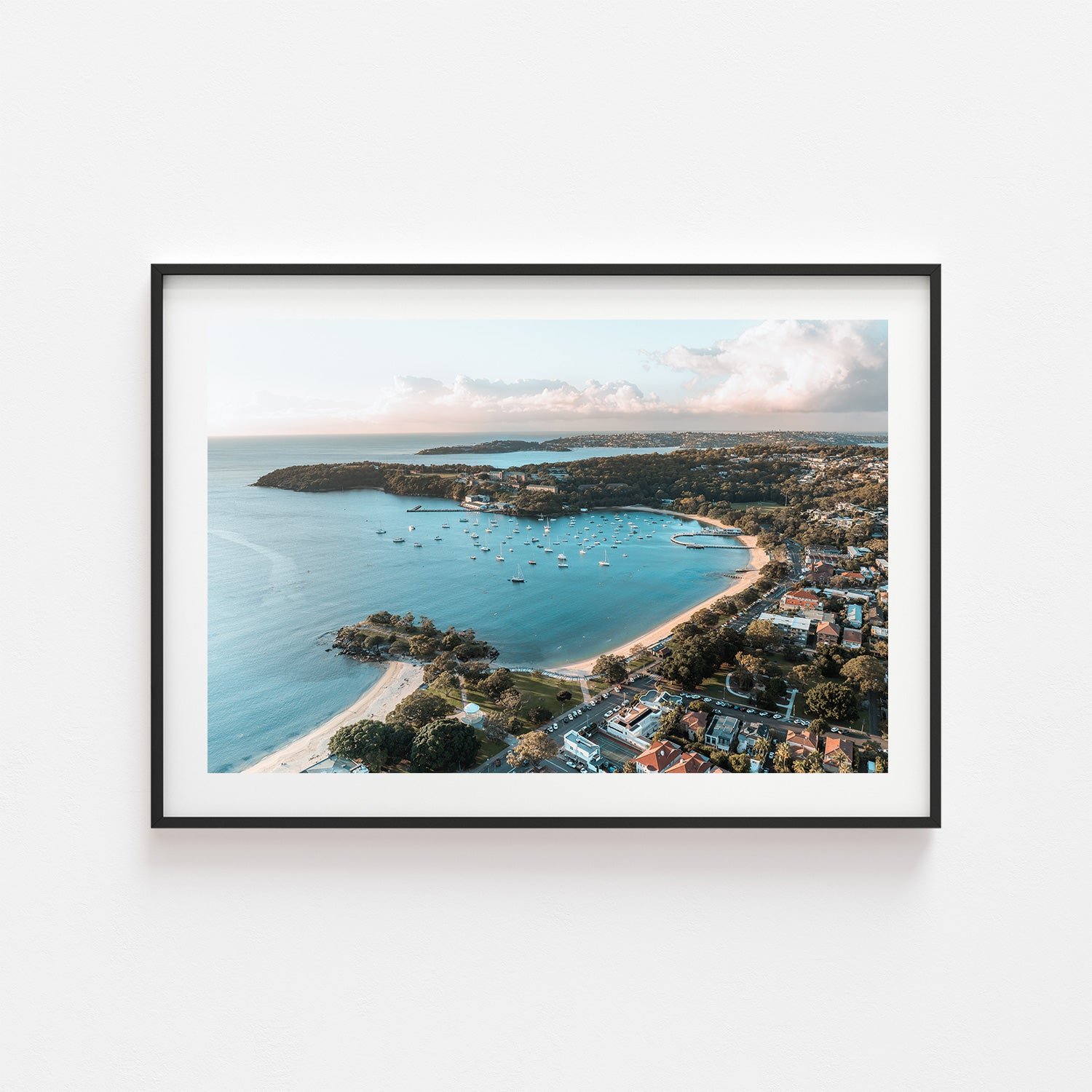 Balmoral Beach glowing sunrise in white frame - coastal Sydney landscape photography