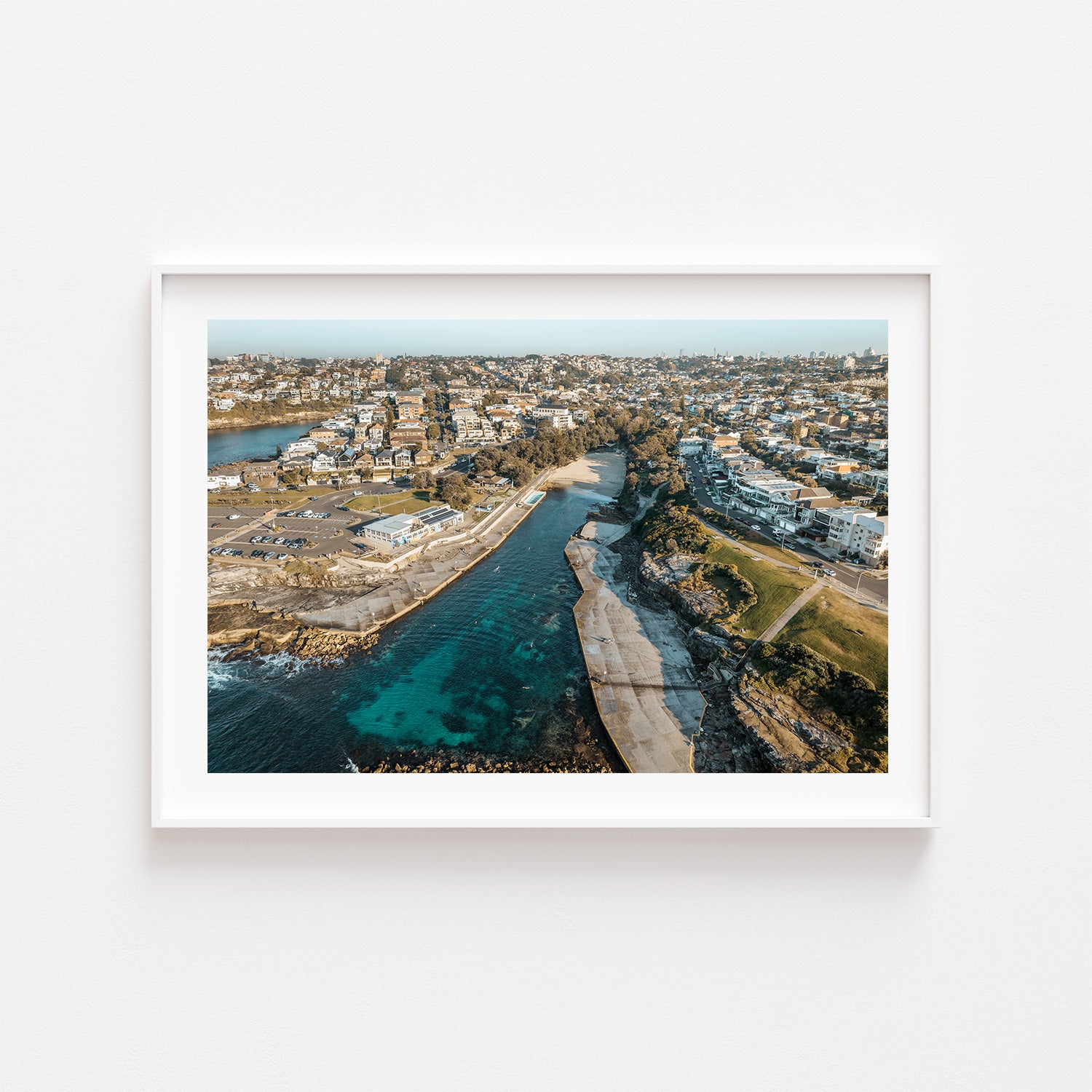 Sydney sunrise seascape in white frame - Clovelly Morning coastal wall art for modern homes