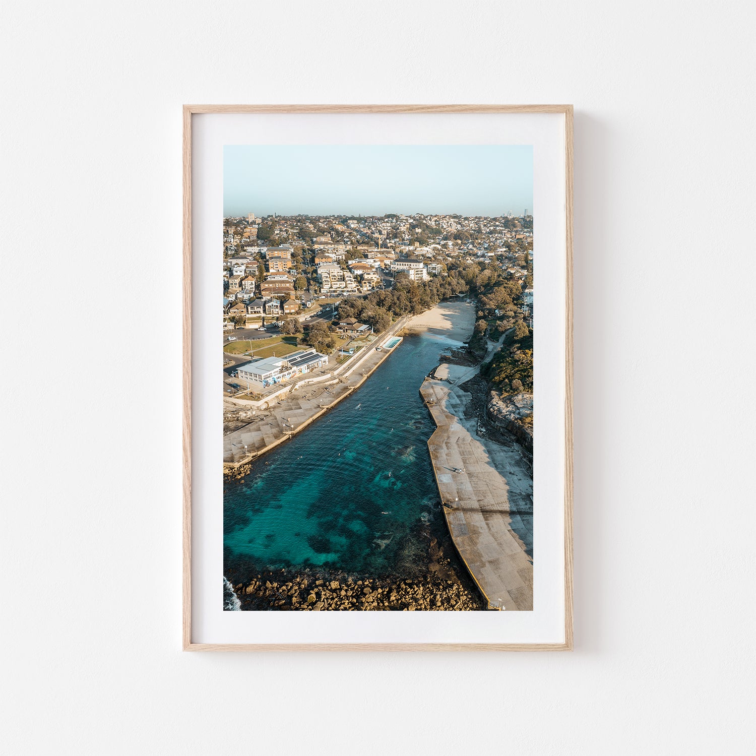Clovelly morning coastal seascape in oak frame - Sydney beach wall art for modern homes