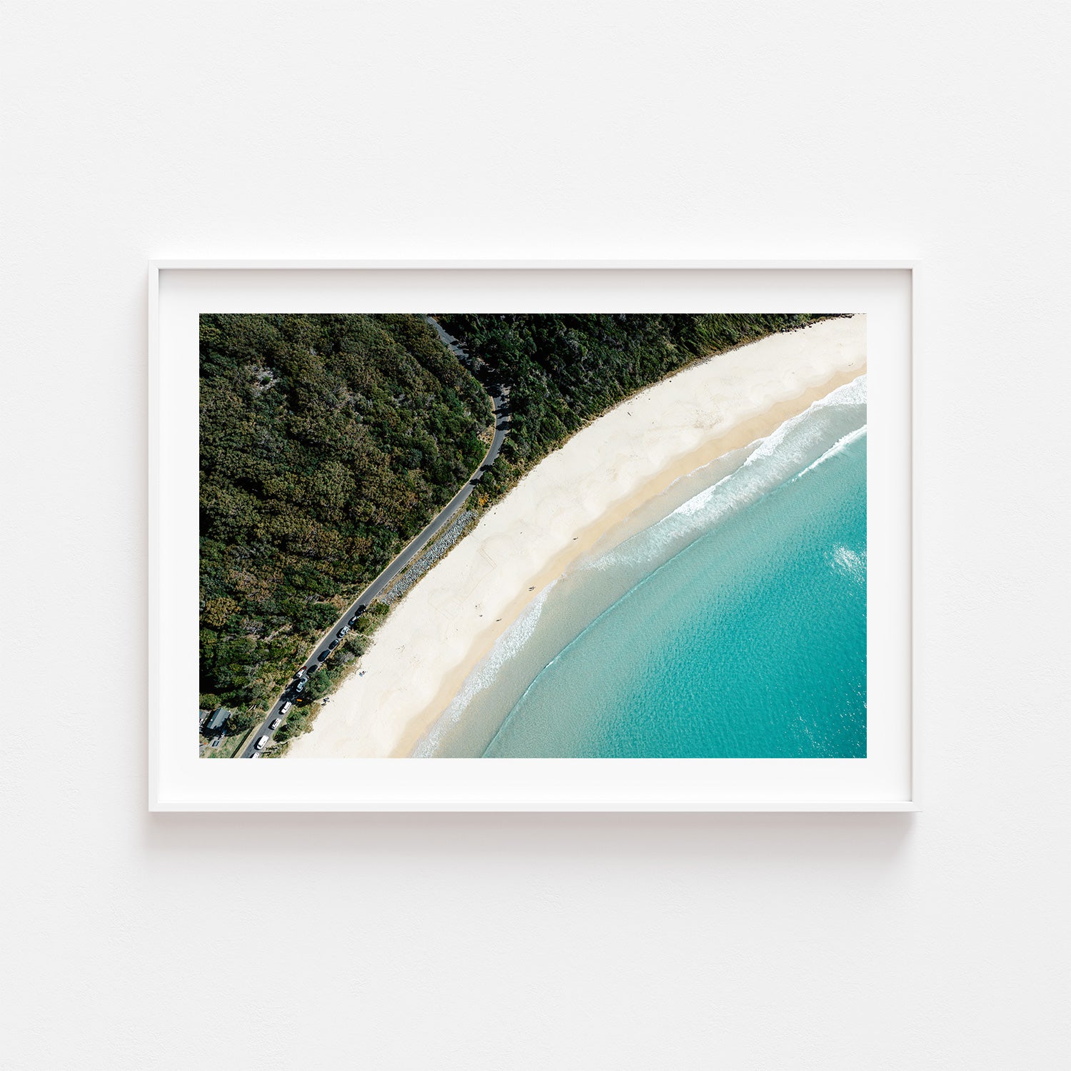 Scenic coastal drive landscape in white frame - seaside road wall art for coastal homes