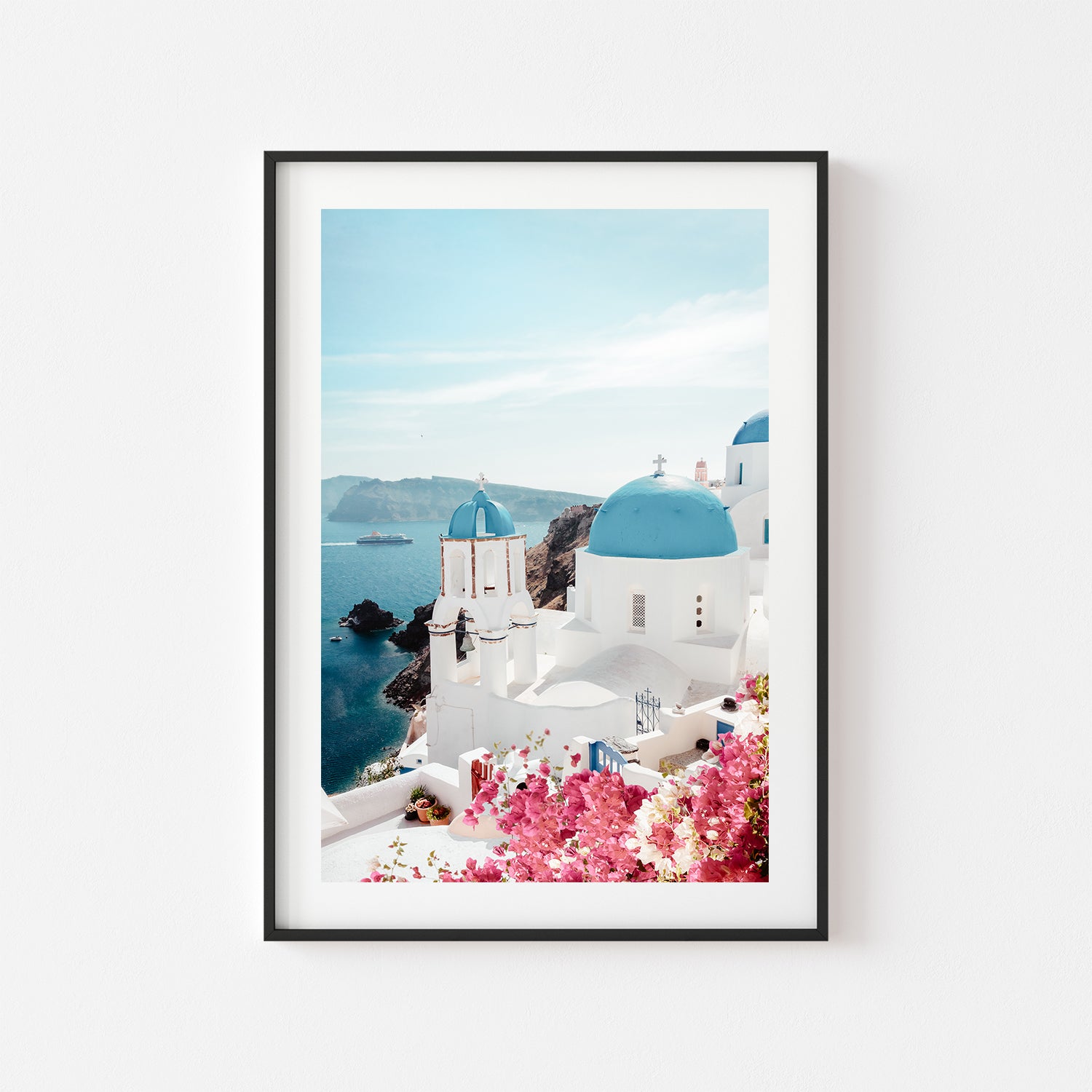 Santorini coastal village landscape in black frame - Mediterranean wall art for coastal