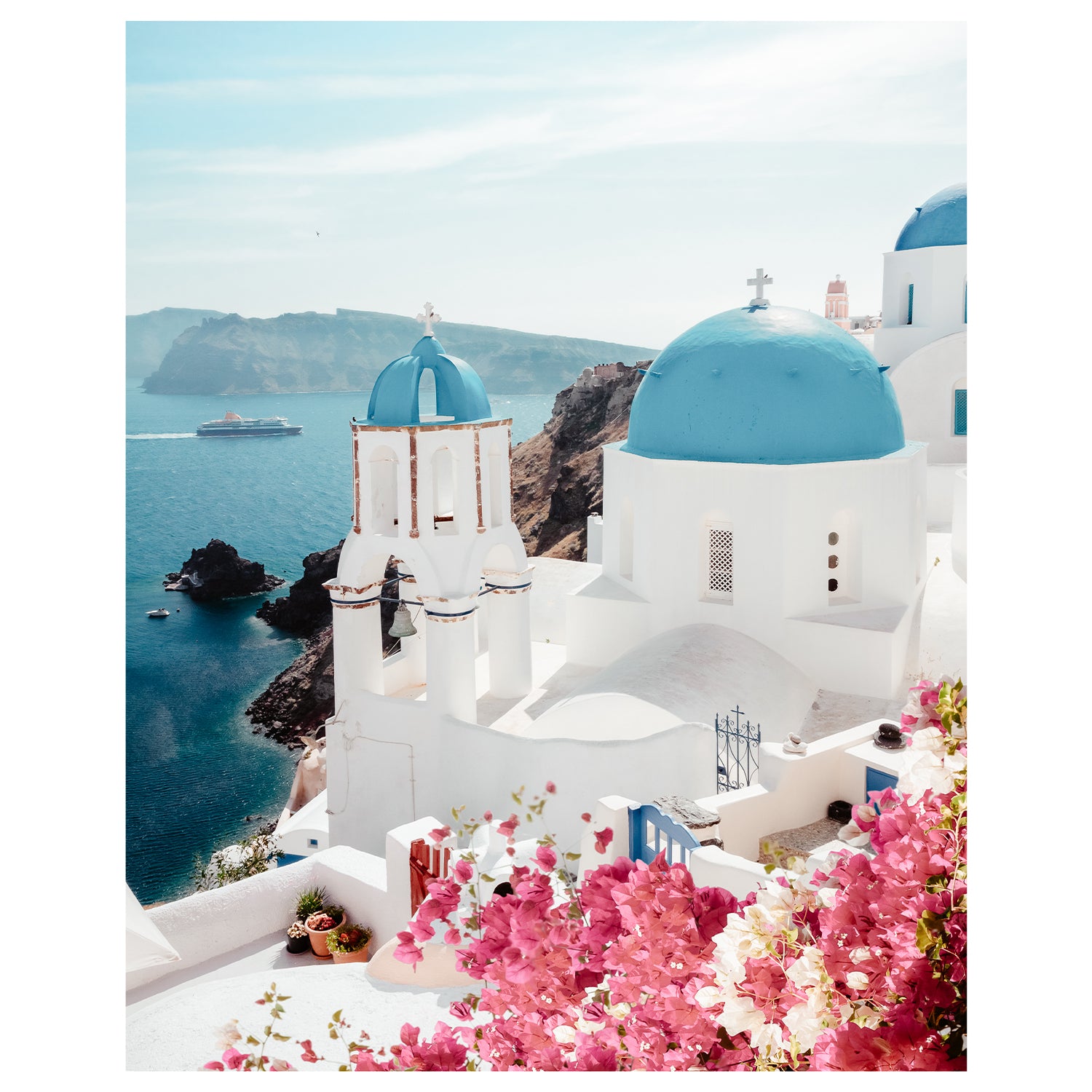 Santorini coastal village in vibrant blues and whites - Mediterranean seascape wall art