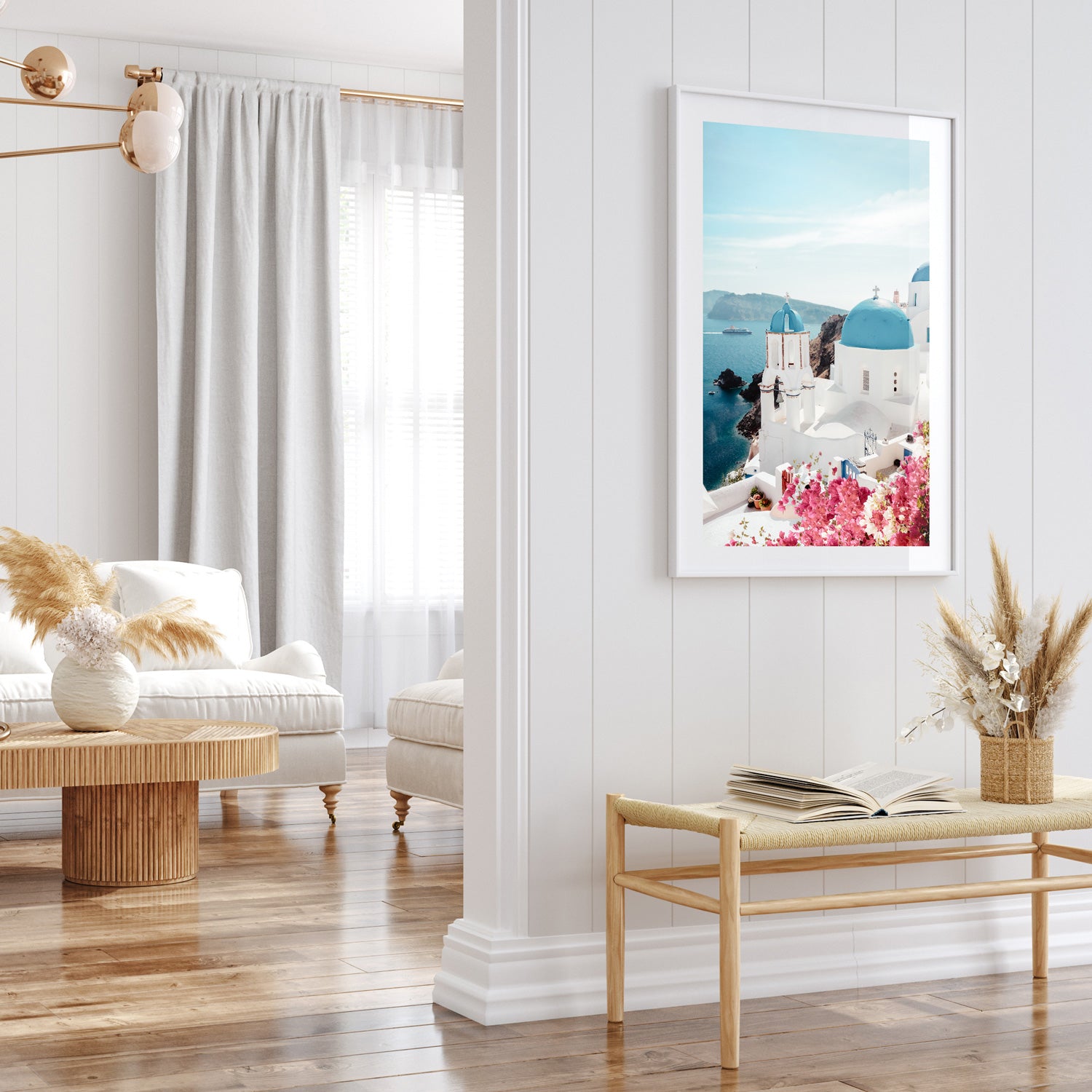 Santorini coastal village in vibrant colors - Mediterranean framed wall art in white frame