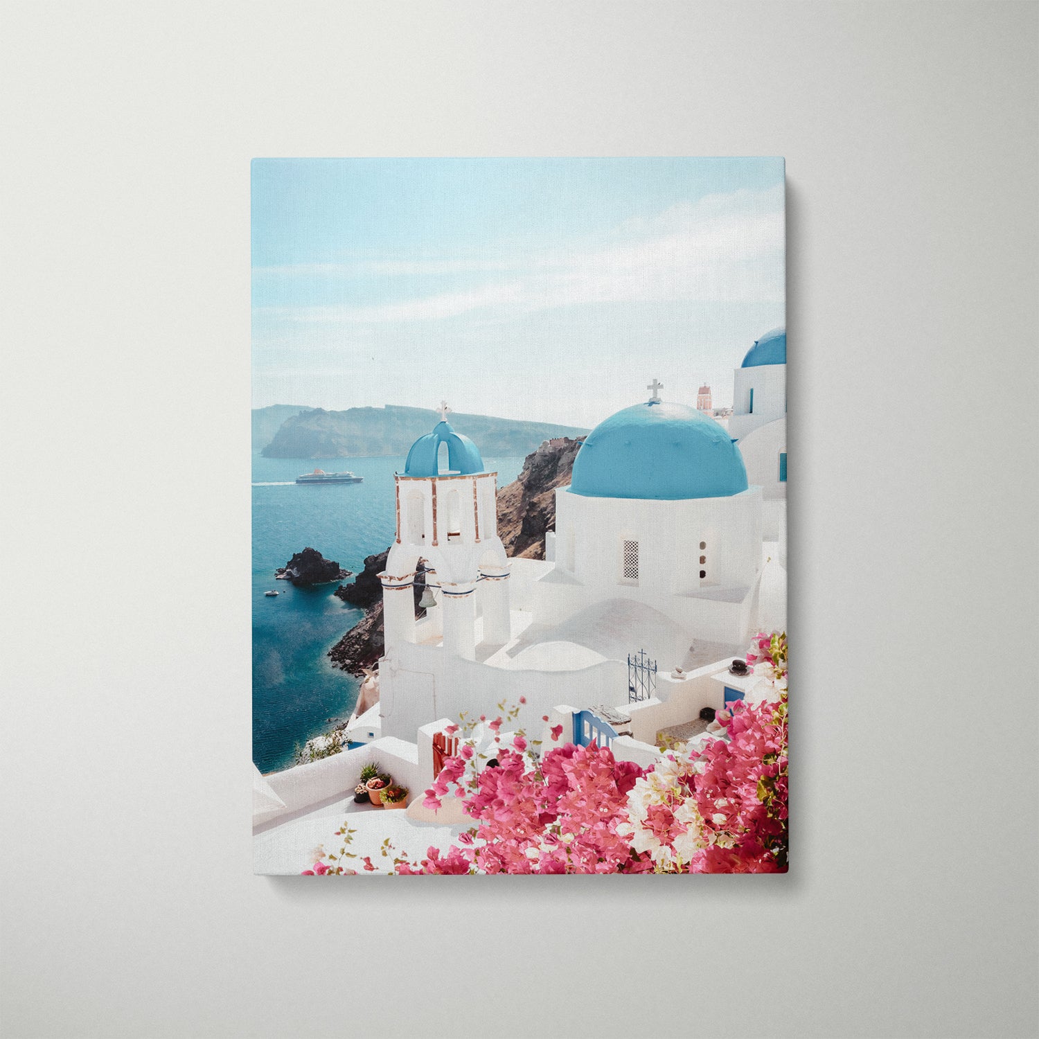 Santorini coastal landscape in white frame - Mediterranean seascape wall art