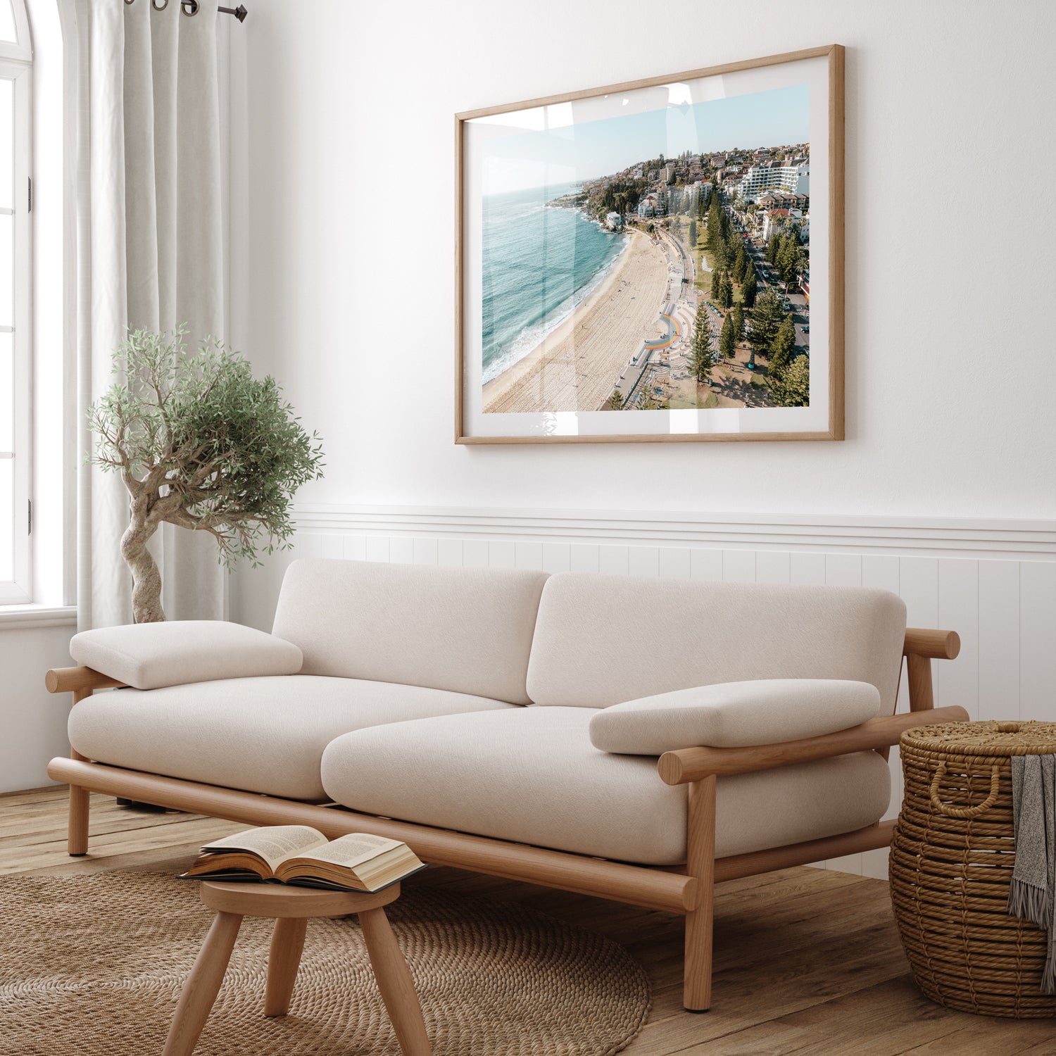 Coogee Beach coastal glow landscape in oak frame - Sydney beach wall art