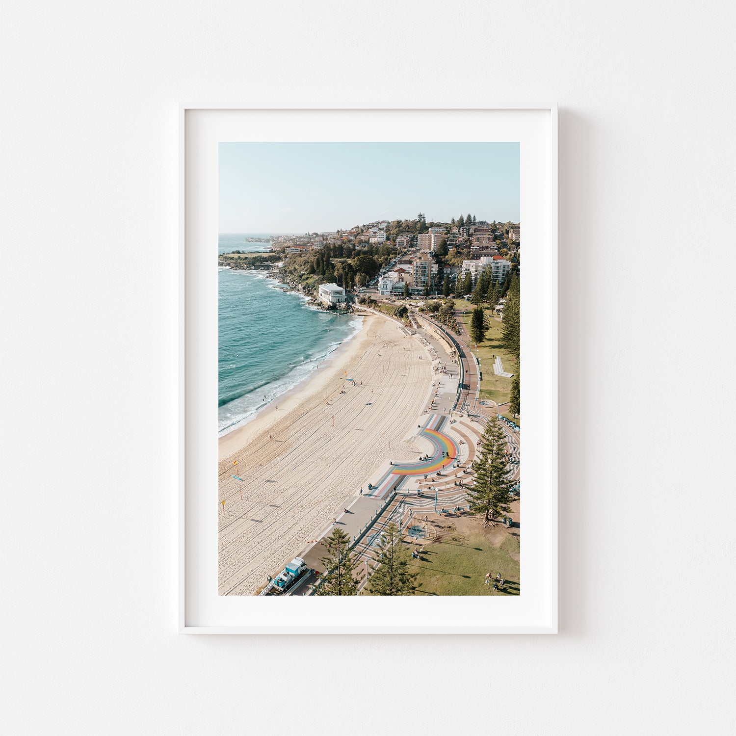 Coogee Beach coastal landscape in white frame - Sydney beach wall art for modern homes