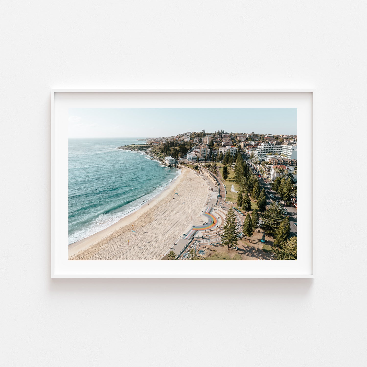 Coogee Beach ocean glow at sunrise in white frame - coastal landscape wall art