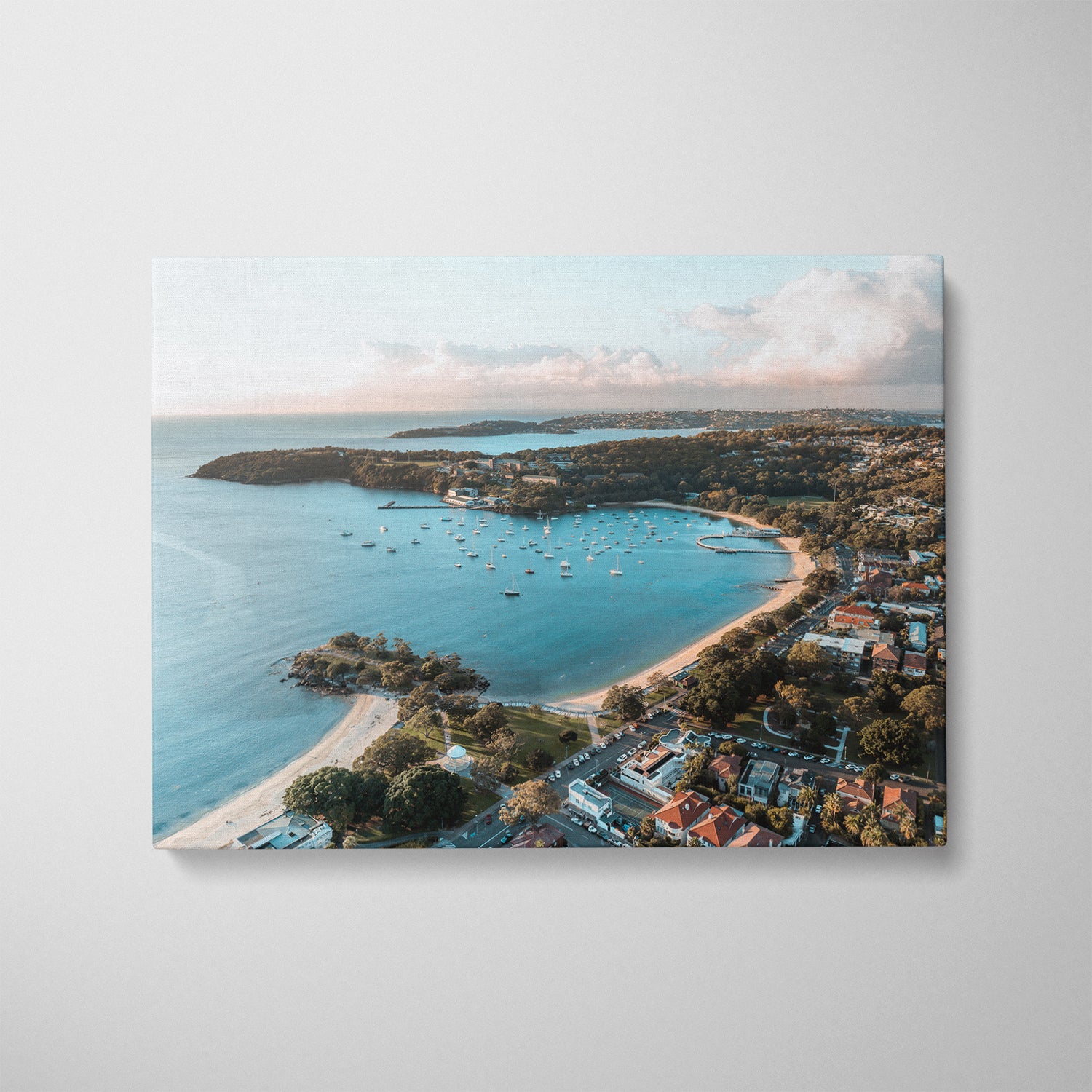 Balmoral Beach glowing sunset in white frame - coastal landscape wall art