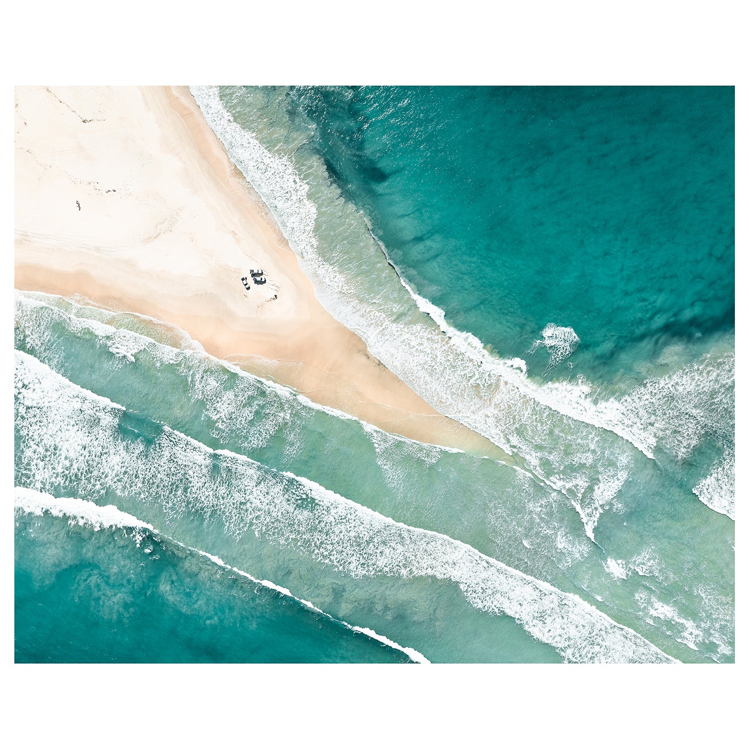 Fingal Beach aerial split-view photograph - unframed coastal wall art for modern homes