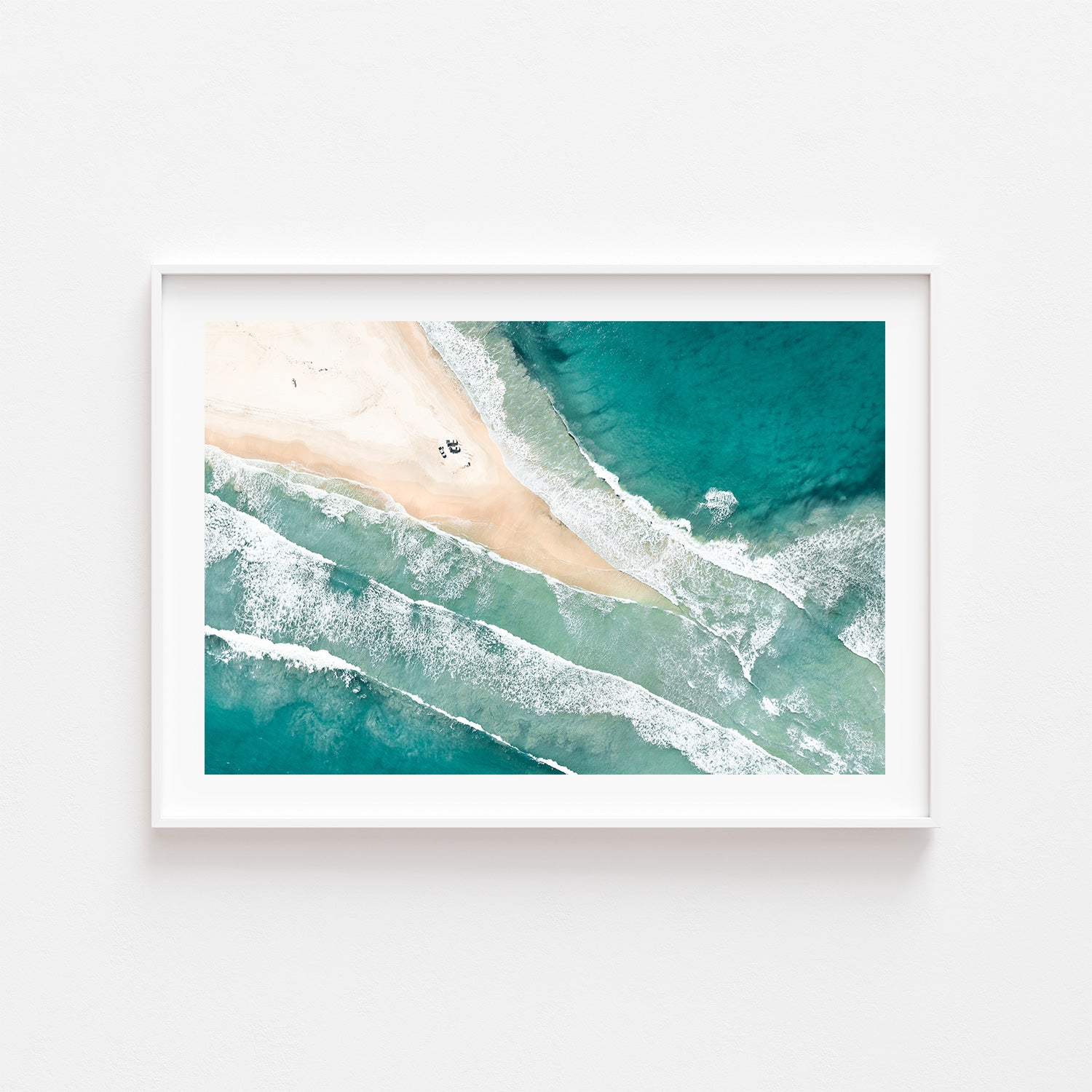 Port Stephens Fingal aerial split view in white frame - coastal photography wall art