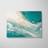Fingal Beach aerial split view in white frame - coastal photography wall art