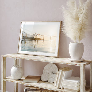 Bronte beach first light sunrise - framed coastal photograph in oak frame for modern homes