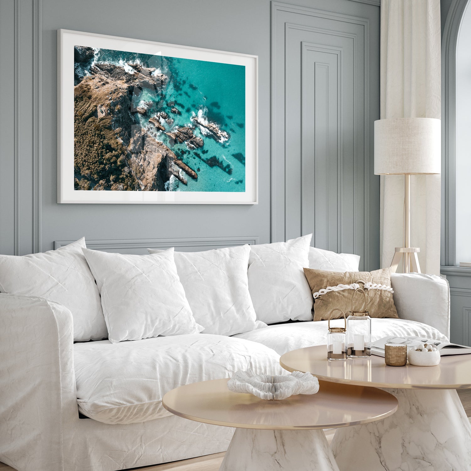 Forster cliffside seascape in white frame - coastal landscape wall art