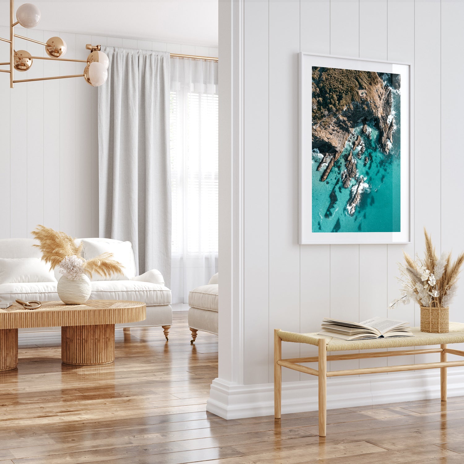 Forster cliffside coastal landscape in white frame - Australian seascape wall art