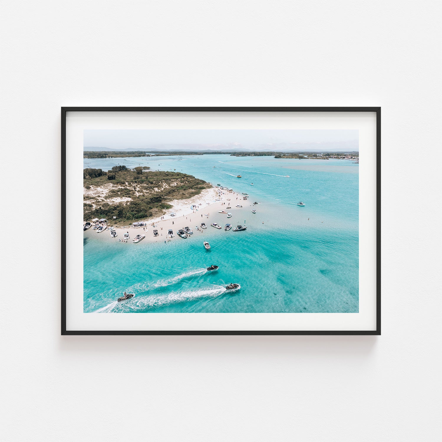 Forster beachgoers aerial view in black frame - coastal lifestyle photography wall art
