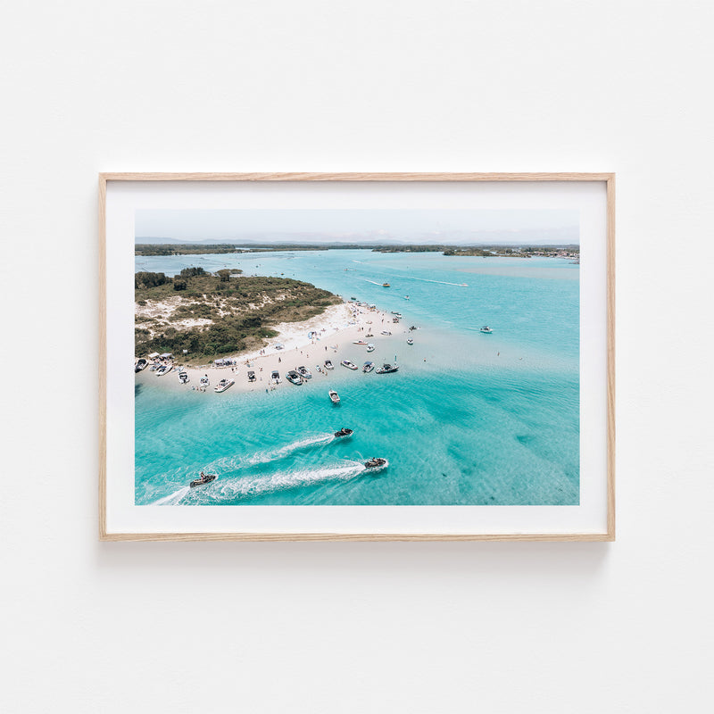 Forster coastal weekenders scene in oak frame - beach lifestyle photography wall art