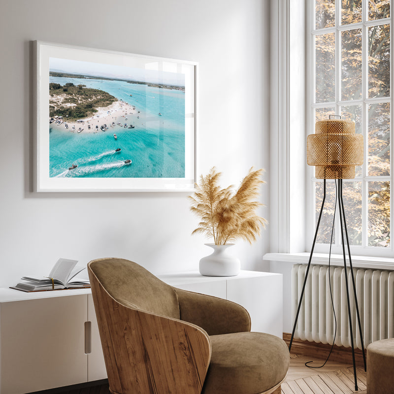Forster beach weekenders relaxing - coastal landscape photography in white frame