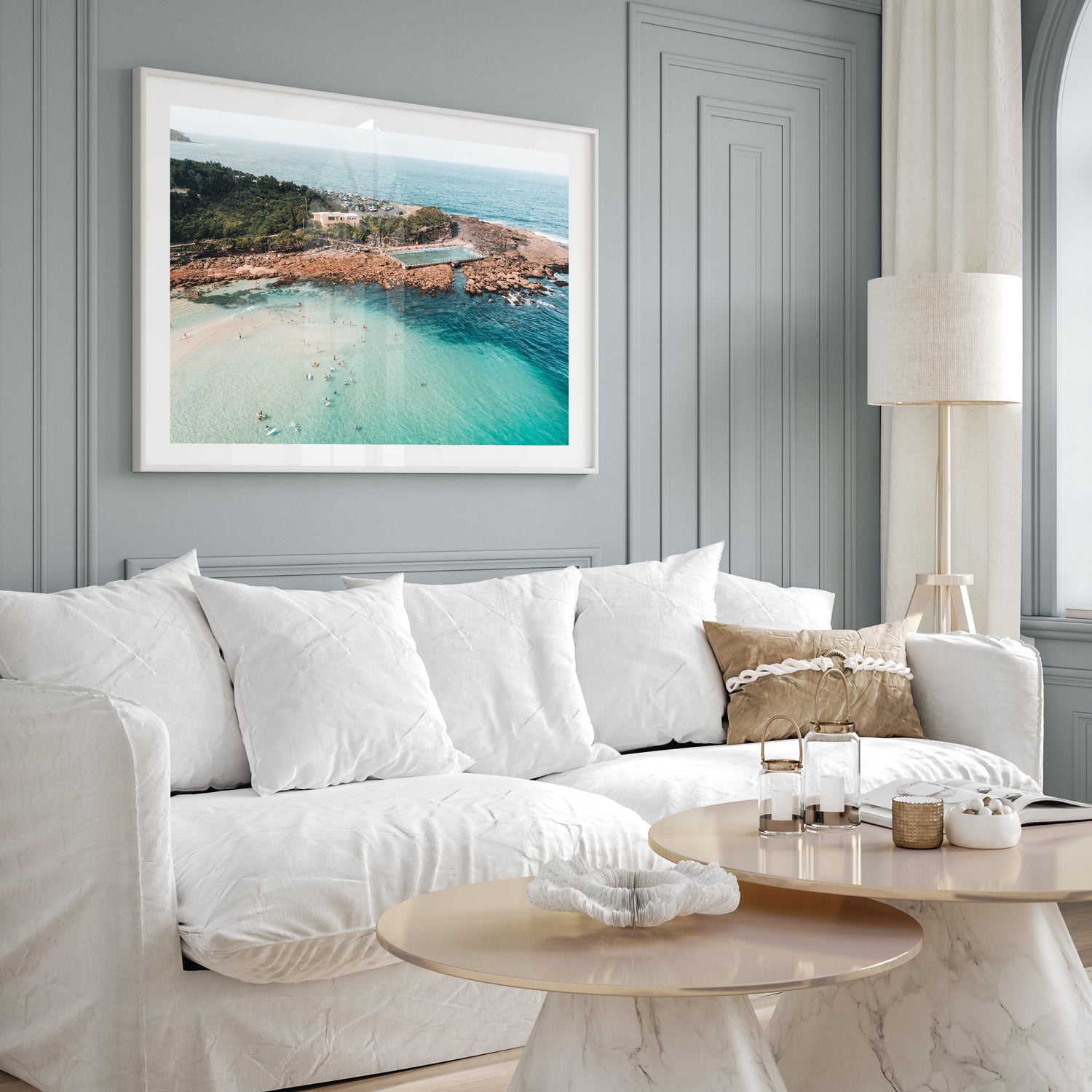 Freshwater beach swimming scene in white frame - coastal lifestyle wall art for modern