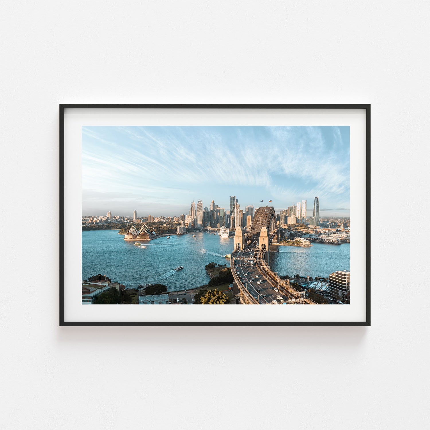 Sydney Harbour morning light seascape in black frame - coastal photography wall art