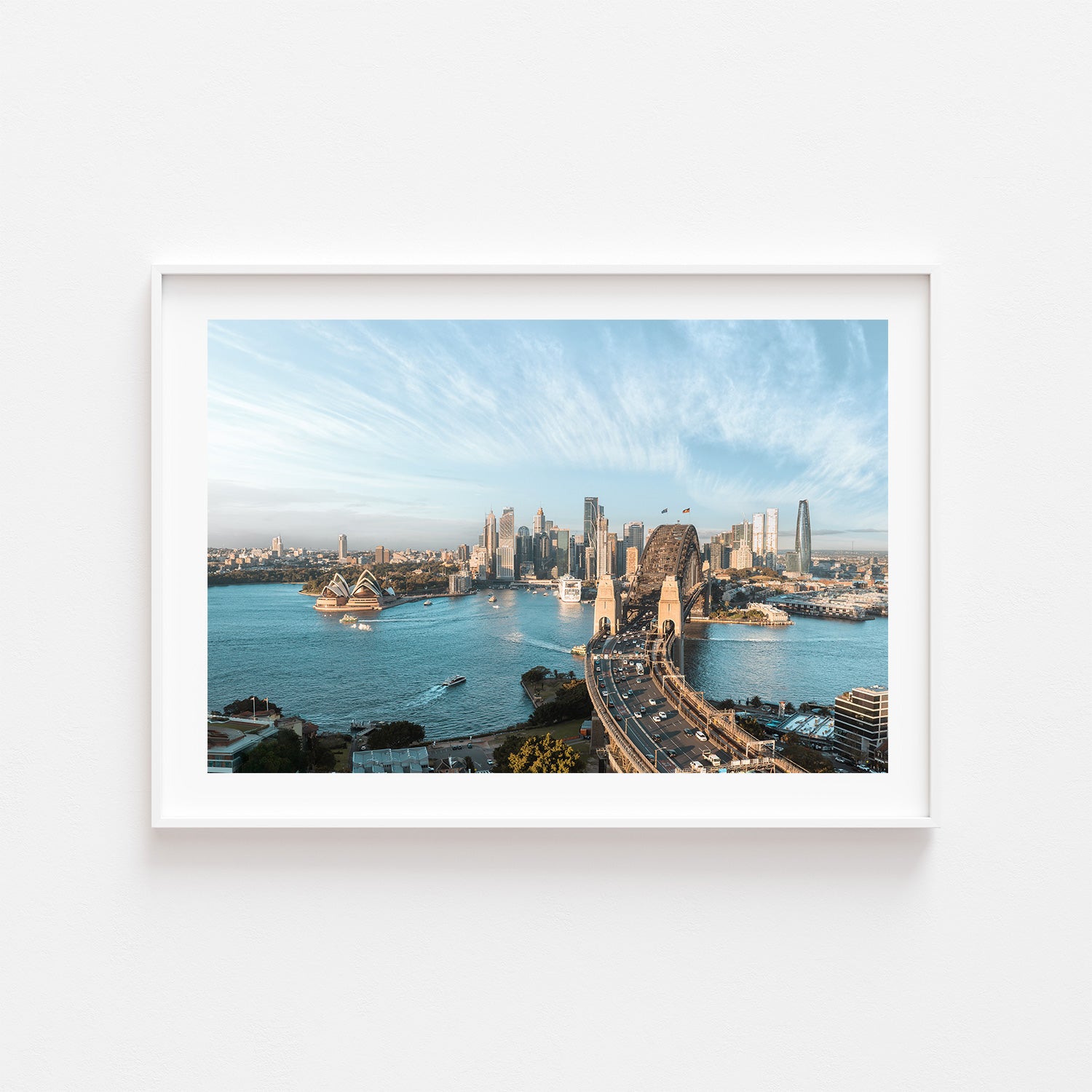 Sydney harbour morning light in white frame - coastal seascape photography wall art
