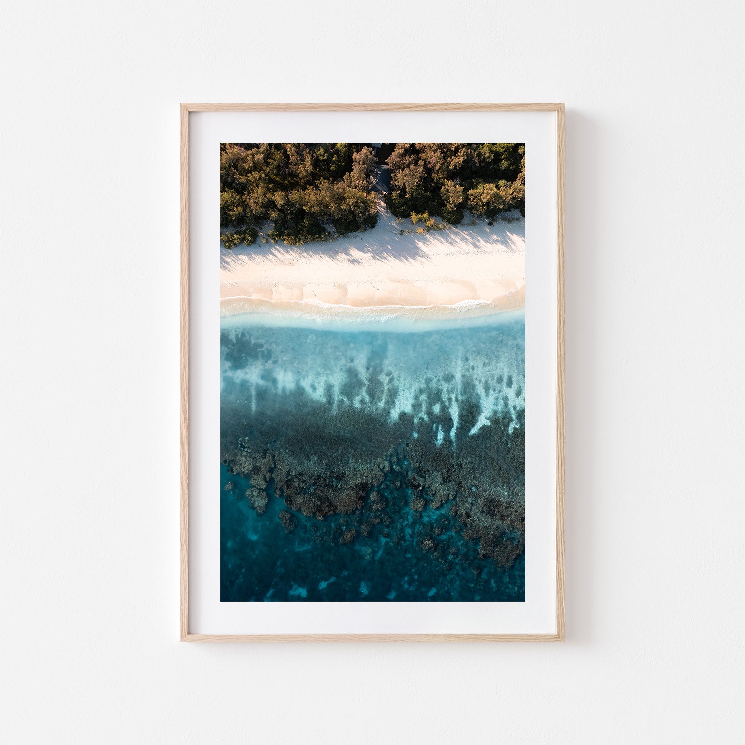 Merewether Ocean Baths aerial view in oak frame - coastal pool photography wall art