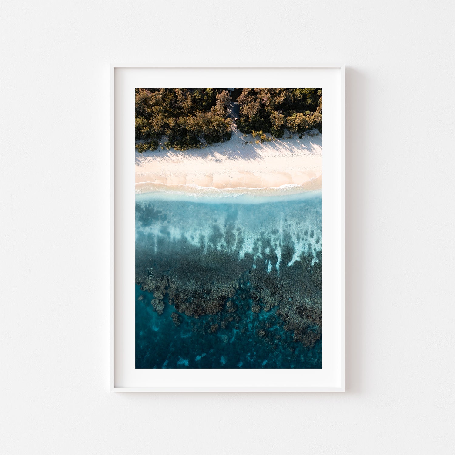 Great Barrier Reef layered aerial view in white frame - coastal marine wall art