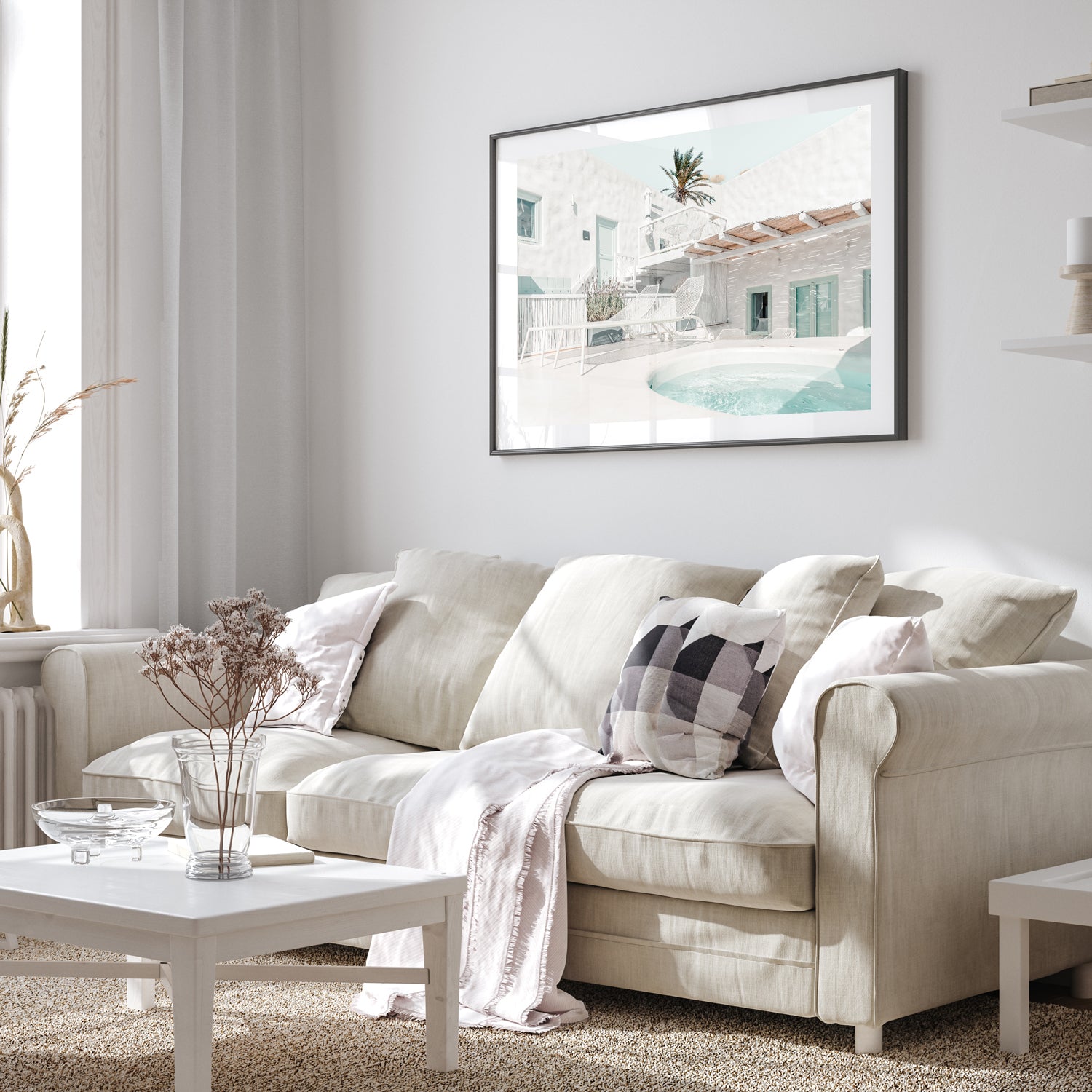 Santorini hotel terrace with blue sea views in black frame - Mediterranean coastal wall