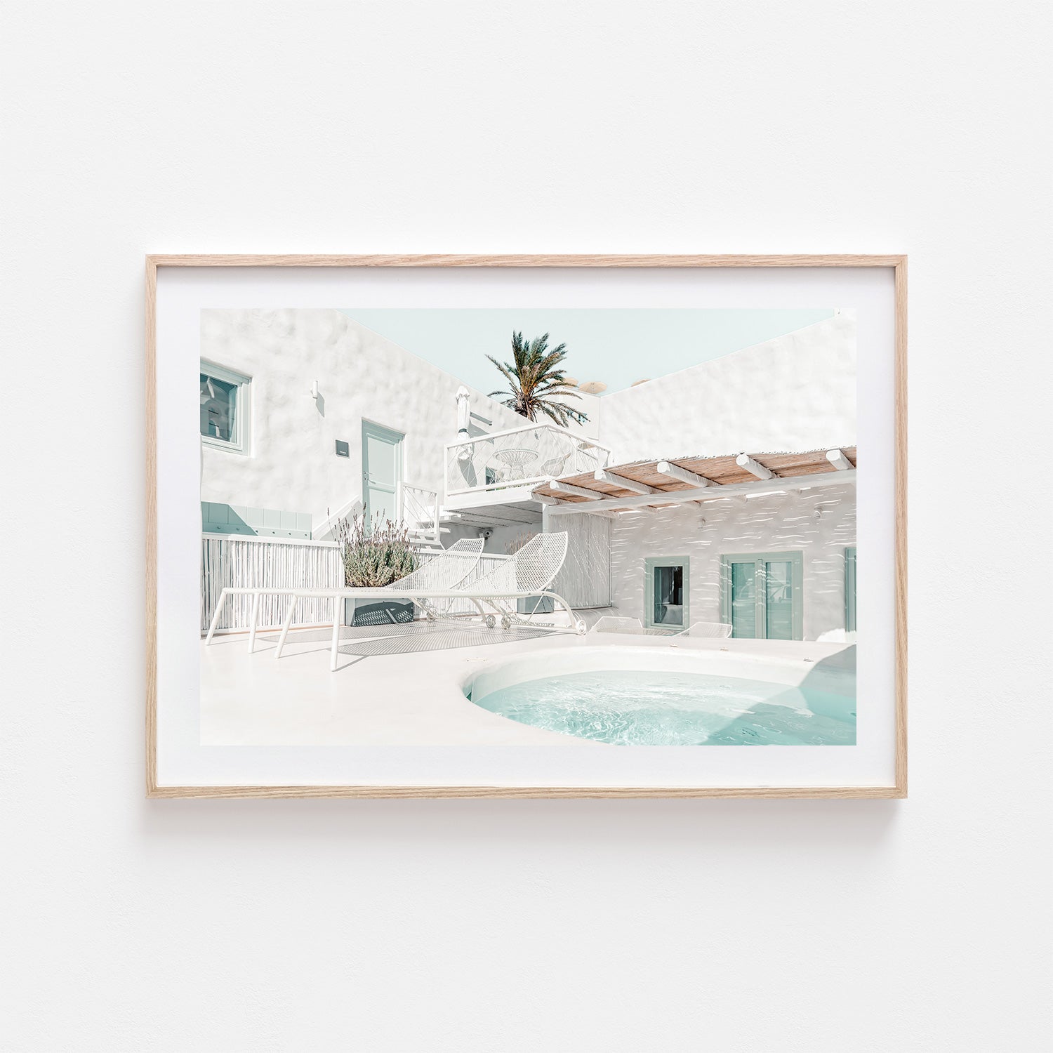 Santorini hotel terrace with ocean view in oak frame - Mediterranean coastal wall art