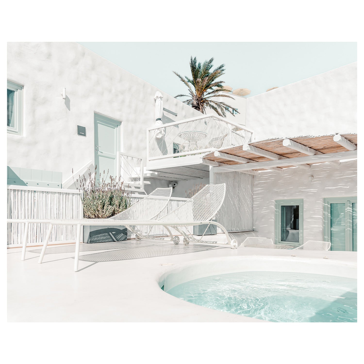 Santorini hotel terrace overlooking sea view - Mediterranean coastal photography wall art