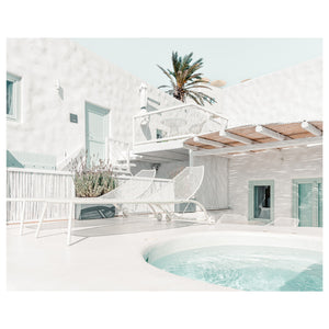 Santorini hotel terrace overlooking sea view - Mediterranean coastal photography wall art