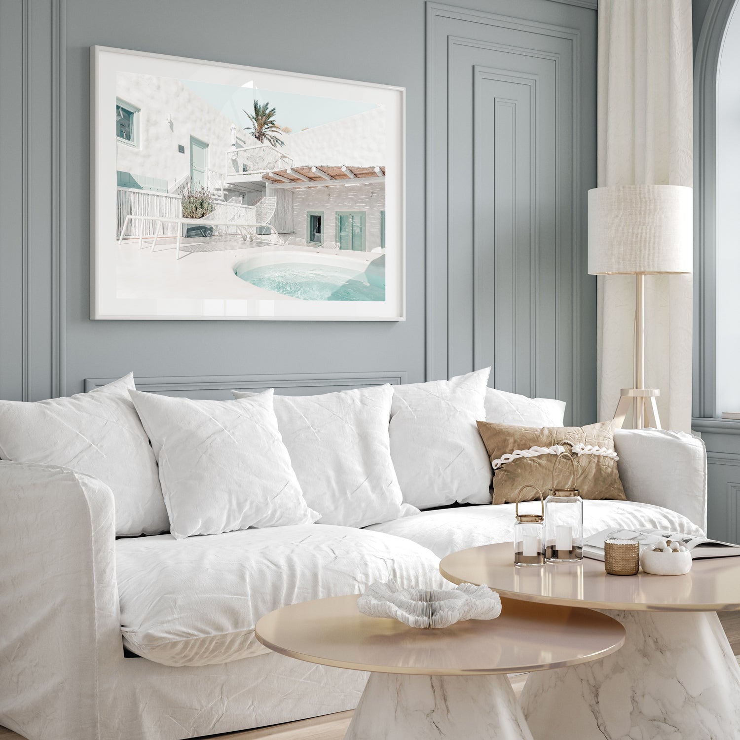 Santorini hotel terrace with sea view in white frame - Mediterranean landscape wall art