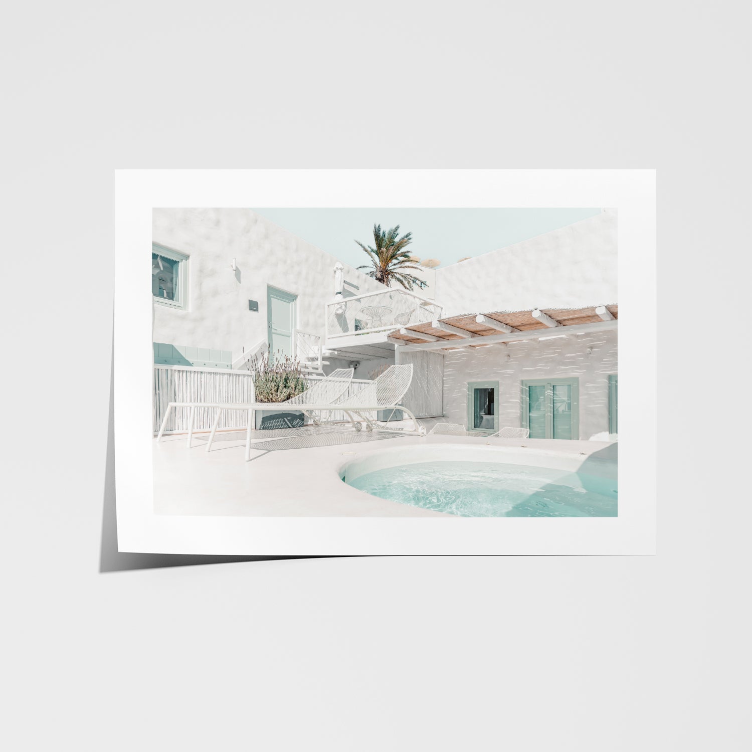 Santorini hotel terrace with sea view in white frame - Mediterranean coastal wall art