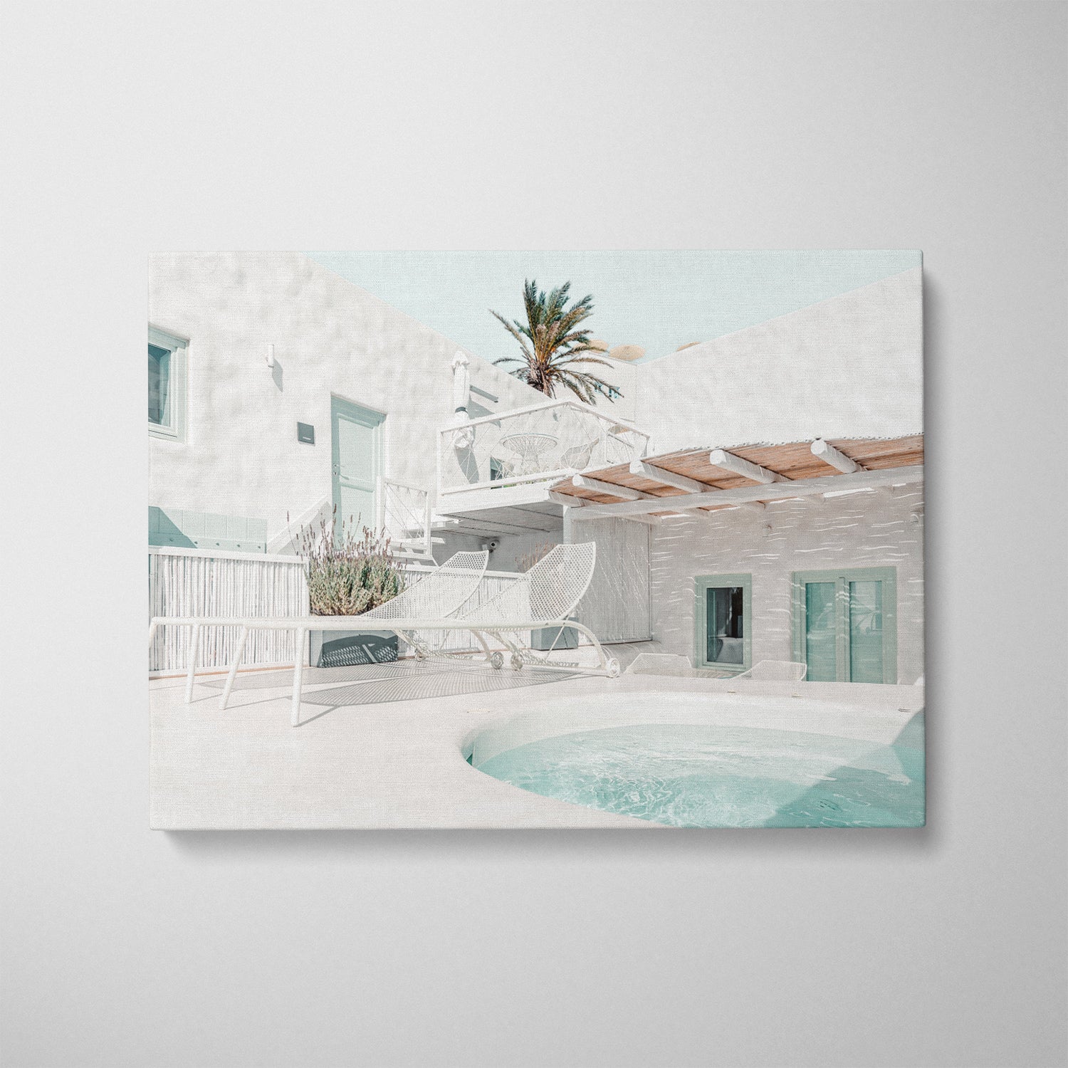 Santorini hotel terrace with infinity pool - Mediterranean landscape print in white frame