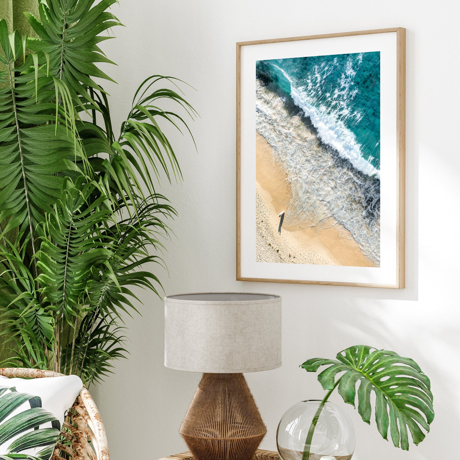 Incoming wave aerial photograph in oak frame - coastal Sydney beach wall art