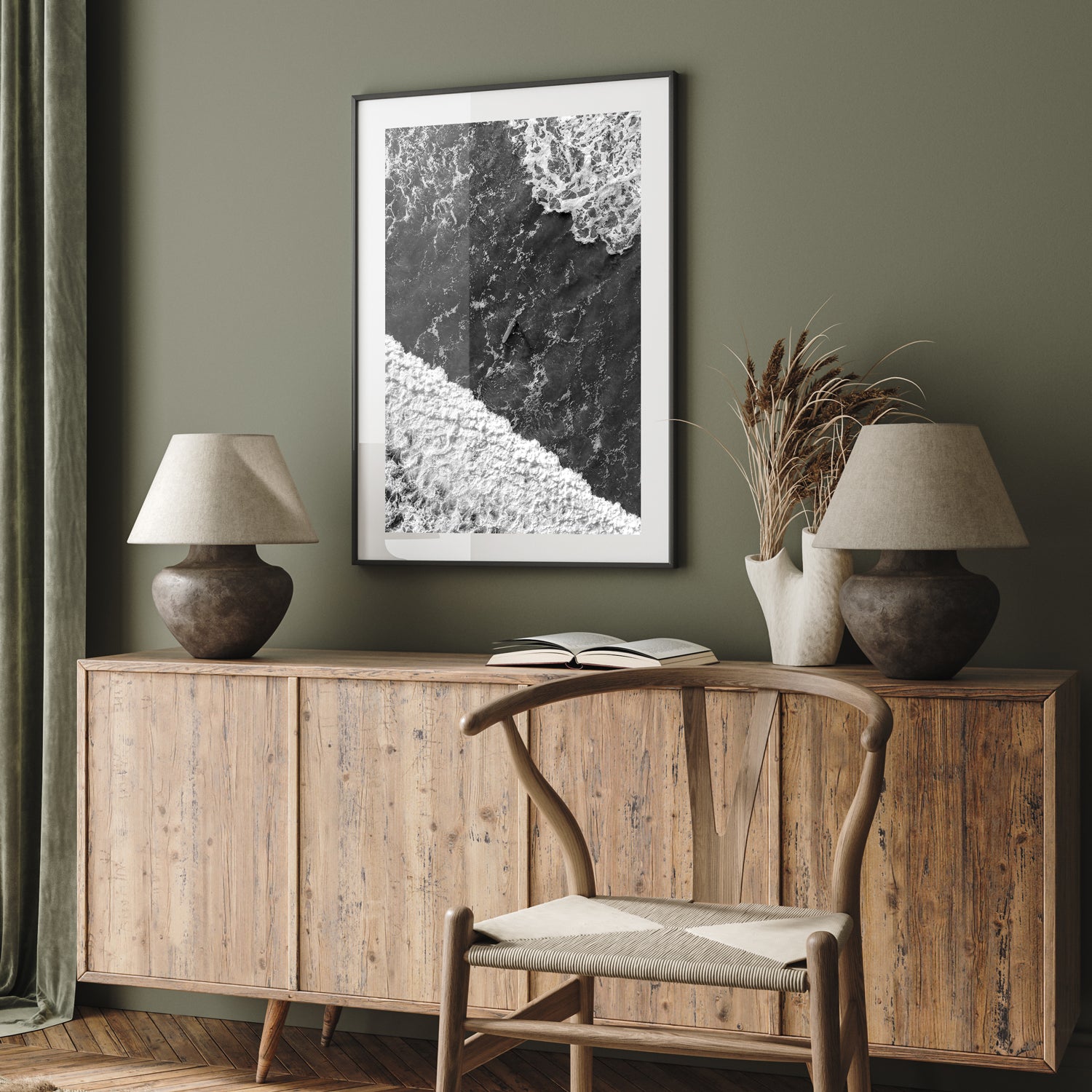 Coastal intervals abstract lines in black frame - minimalist seascape wall art