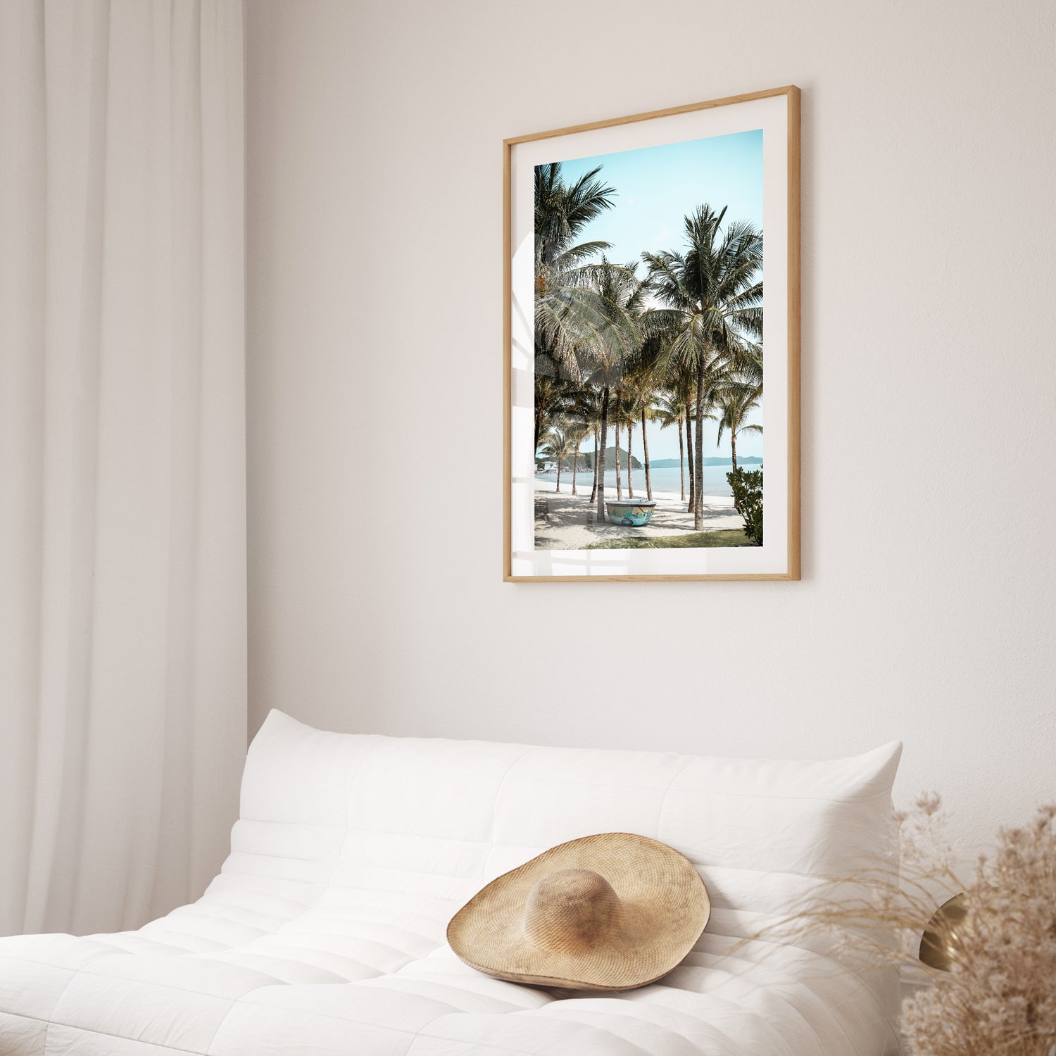 Island Living coastal landscape in oak frame - tropical seascape wall art for beach homes