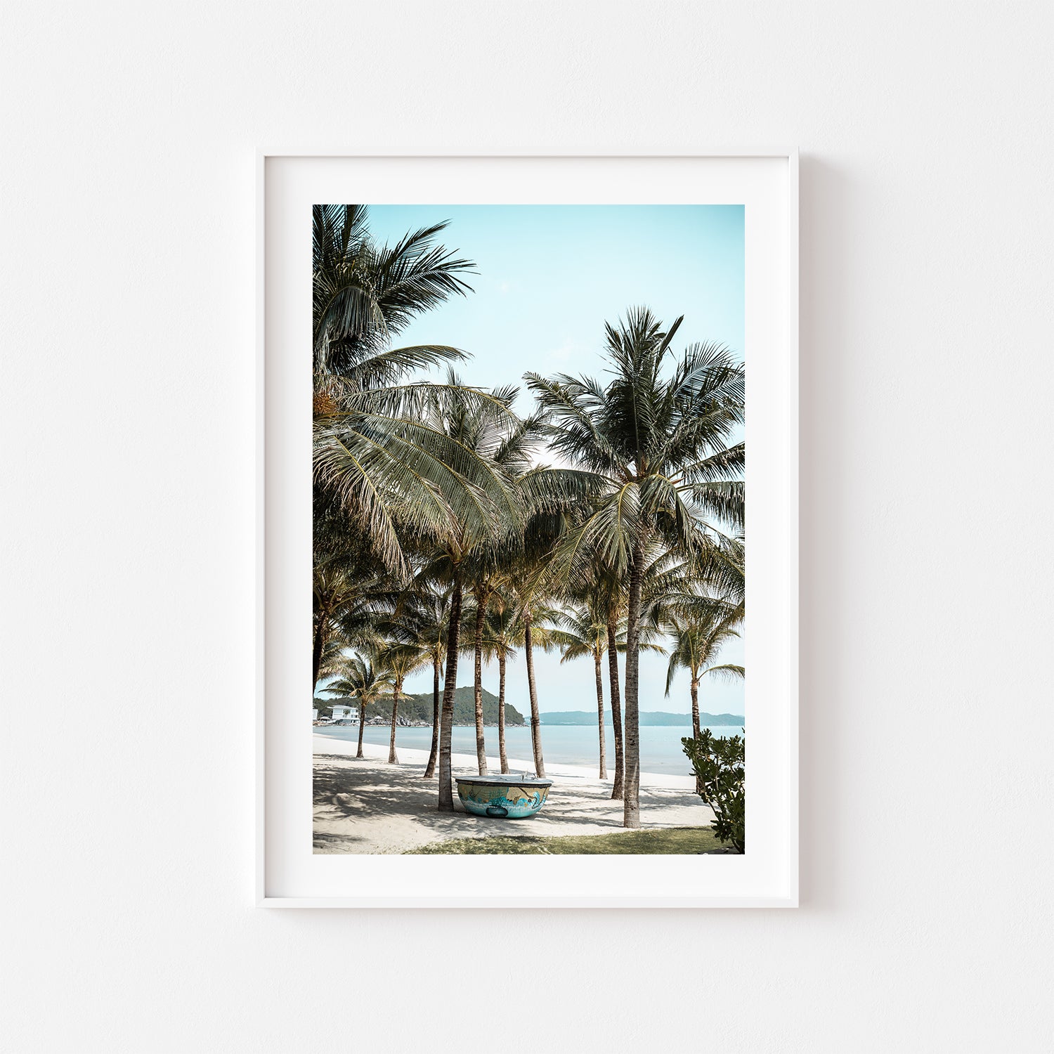 Island seascape in white frame - tropical coastal wall art for modern beach homes