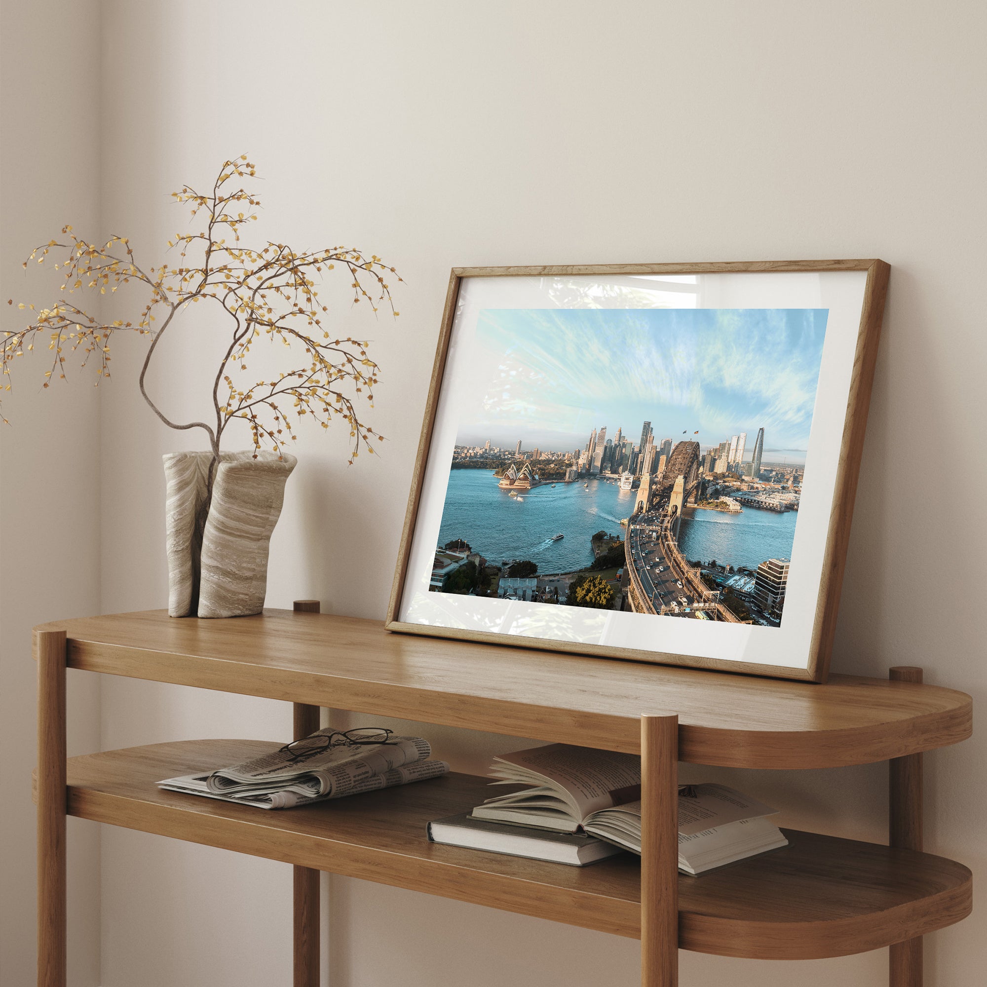 Sydney harbour morning light seascape in oak frame - coastal photography wall art