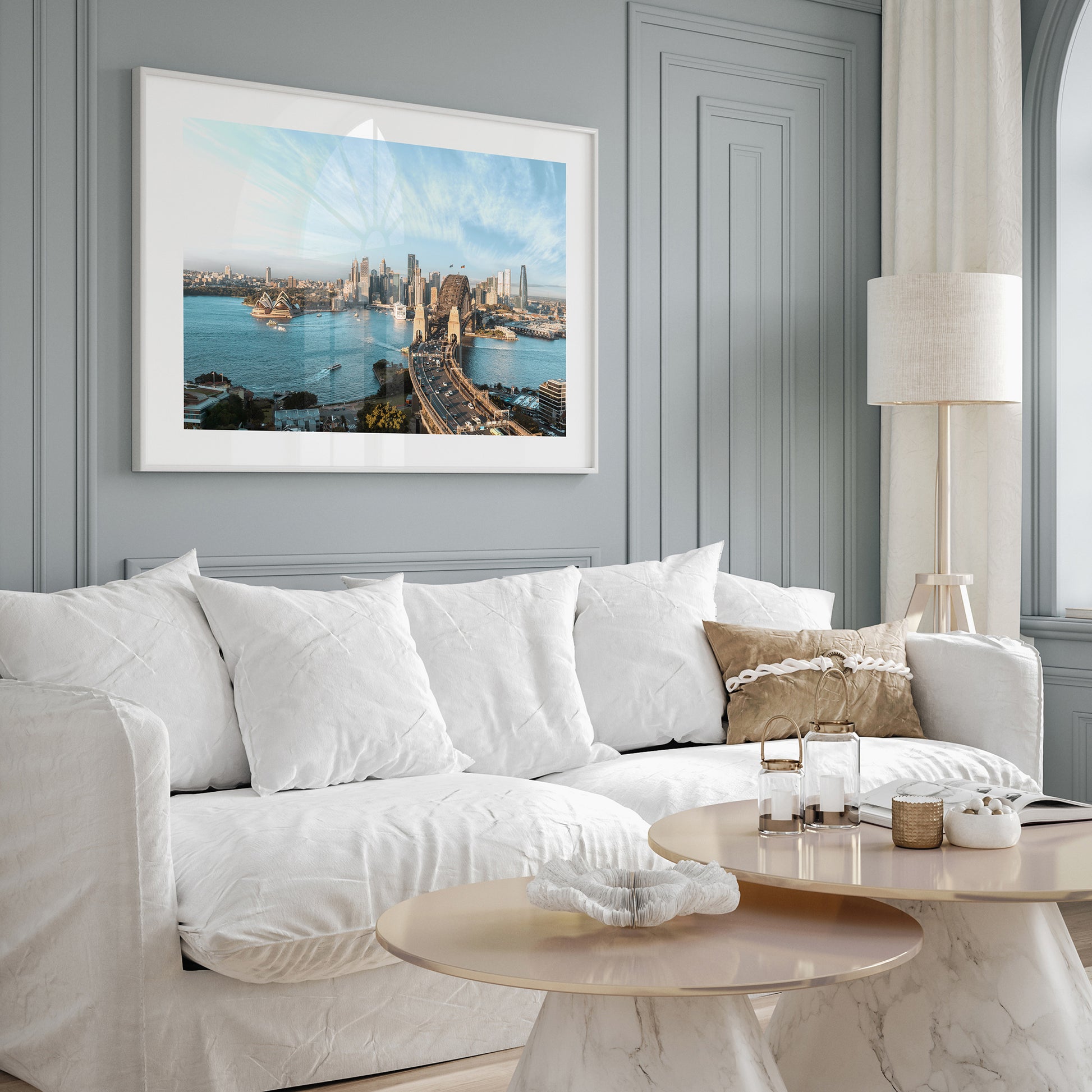Sydney harbour morning light in white frame - coastal seascape photography wall art